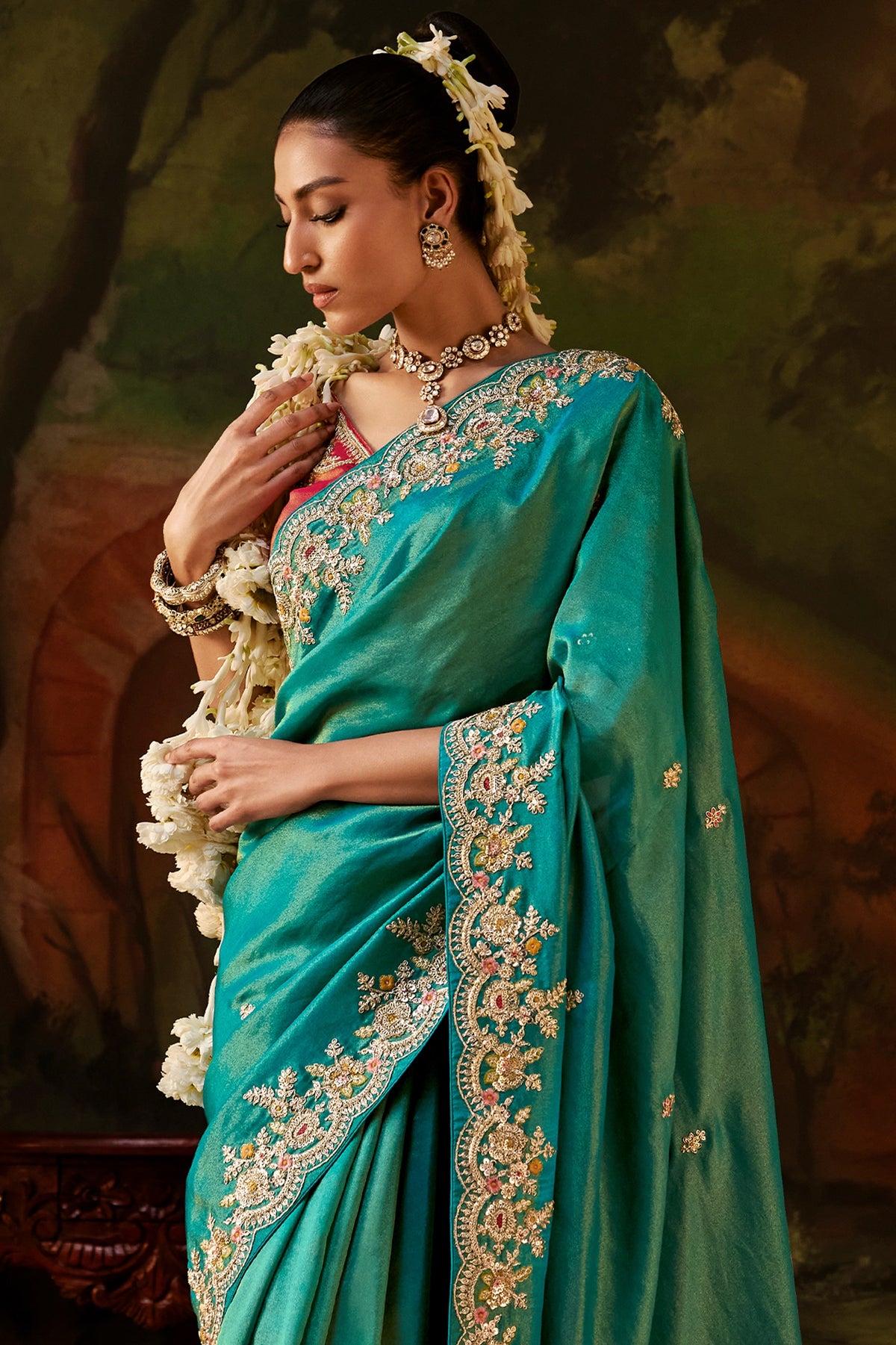 Teal Green Embroidered Viscose Tissue Saree-SAR13254_3_SareeButa.com
