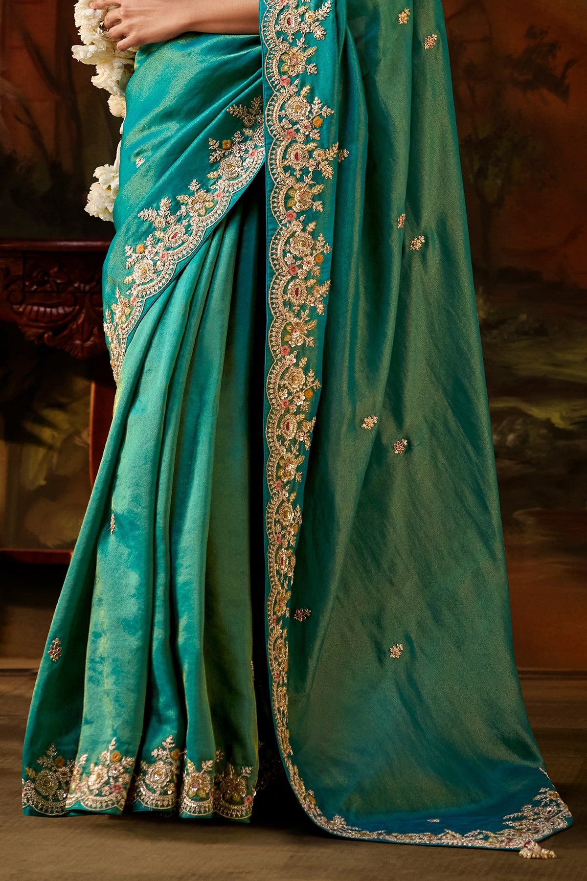 Teal Green Embroidered Viscose Tissue Saree-SAR13254_4_SareeButa.com