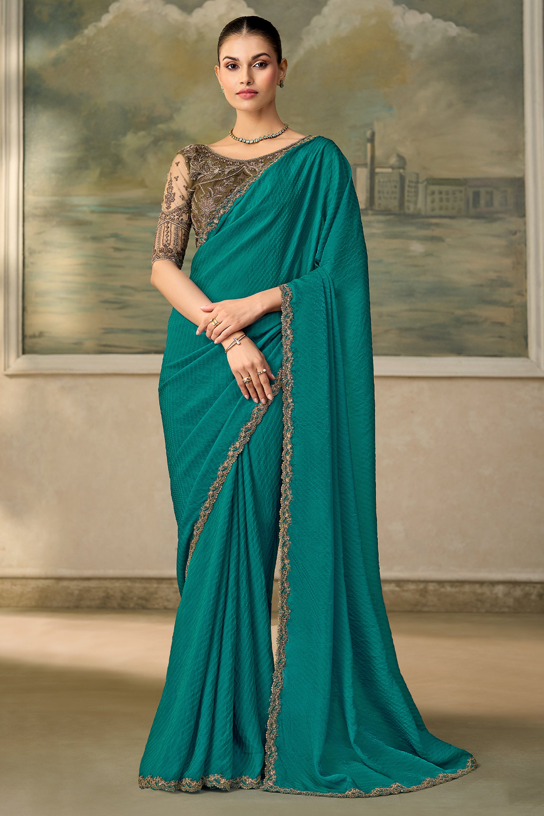 Teal Green Jacquard Satin Georgette Saree-SAR13178_1_SareeButa.com