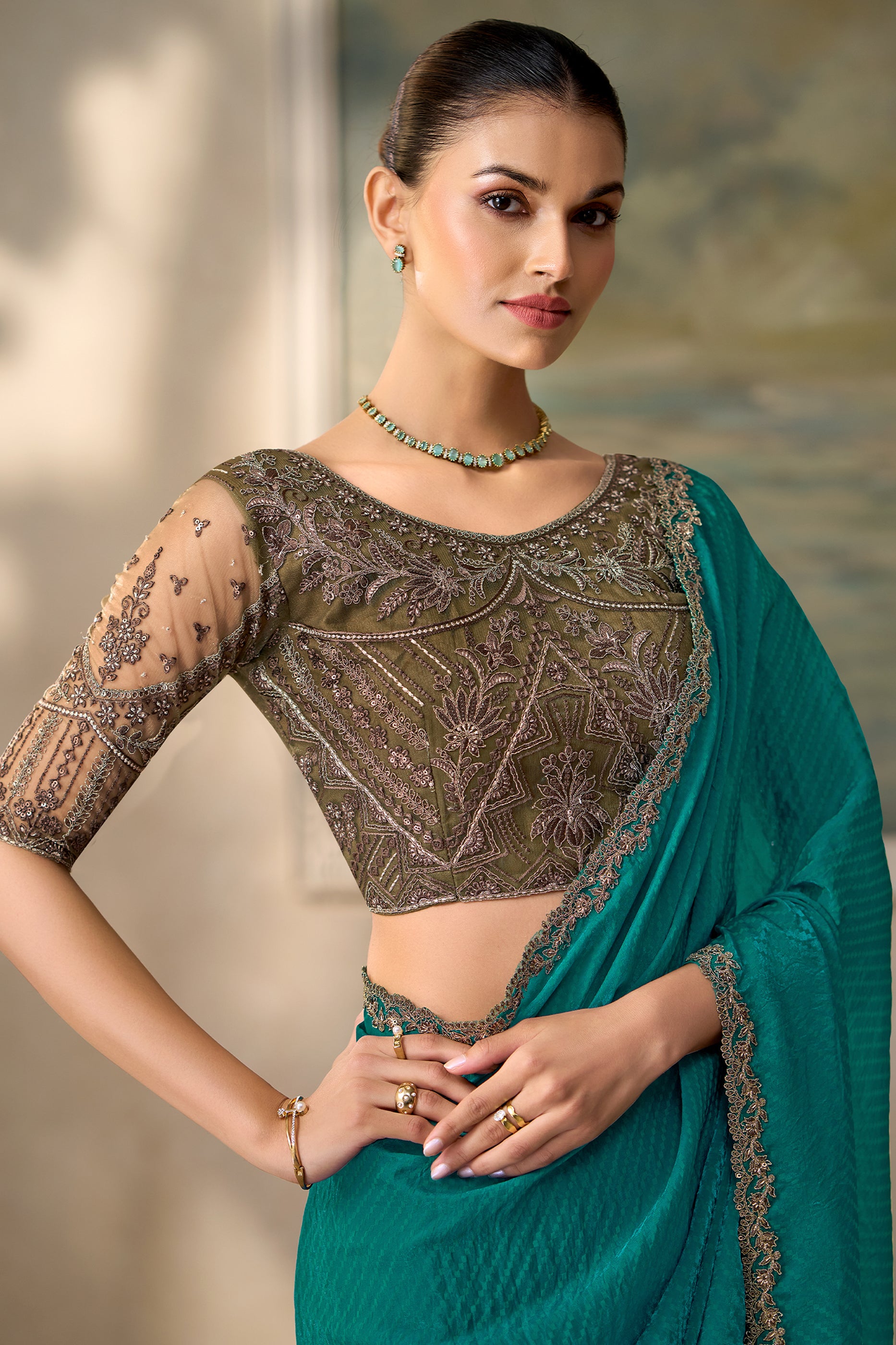 Teal Green Jacquard Satin Georgette Saree-SAR13178_2_SareeButa.com