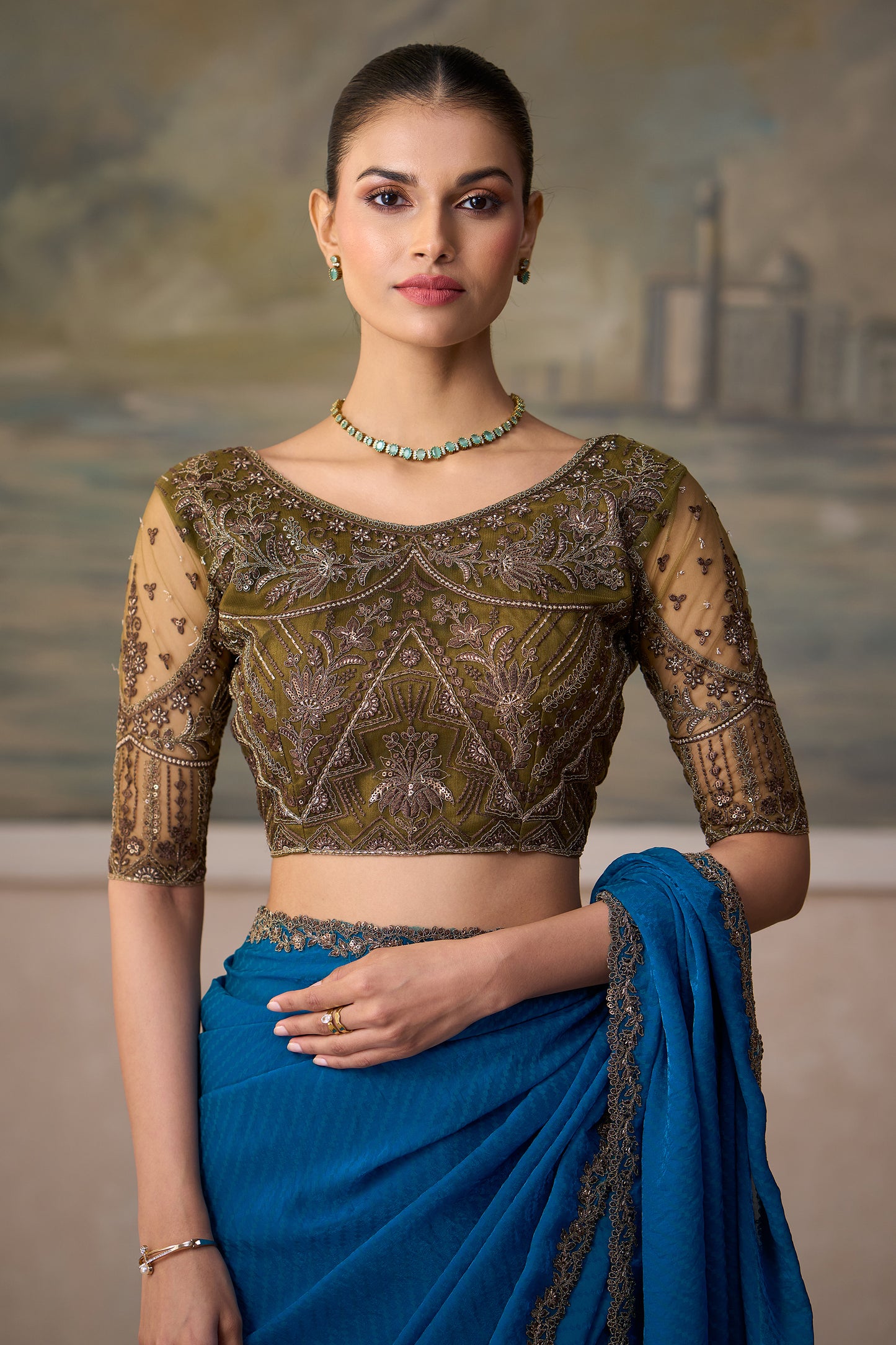 Teal Green Jacquard Satin Georgette Saree-SAR13178_3_SareeButa.com