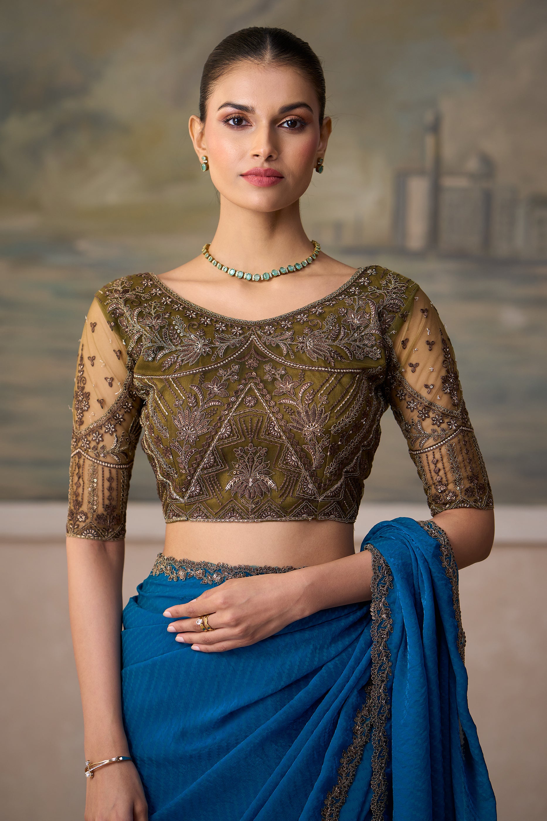 Teal Green Jacquard Satin Georgette Saree-SAR13178_3_SareeButa.com