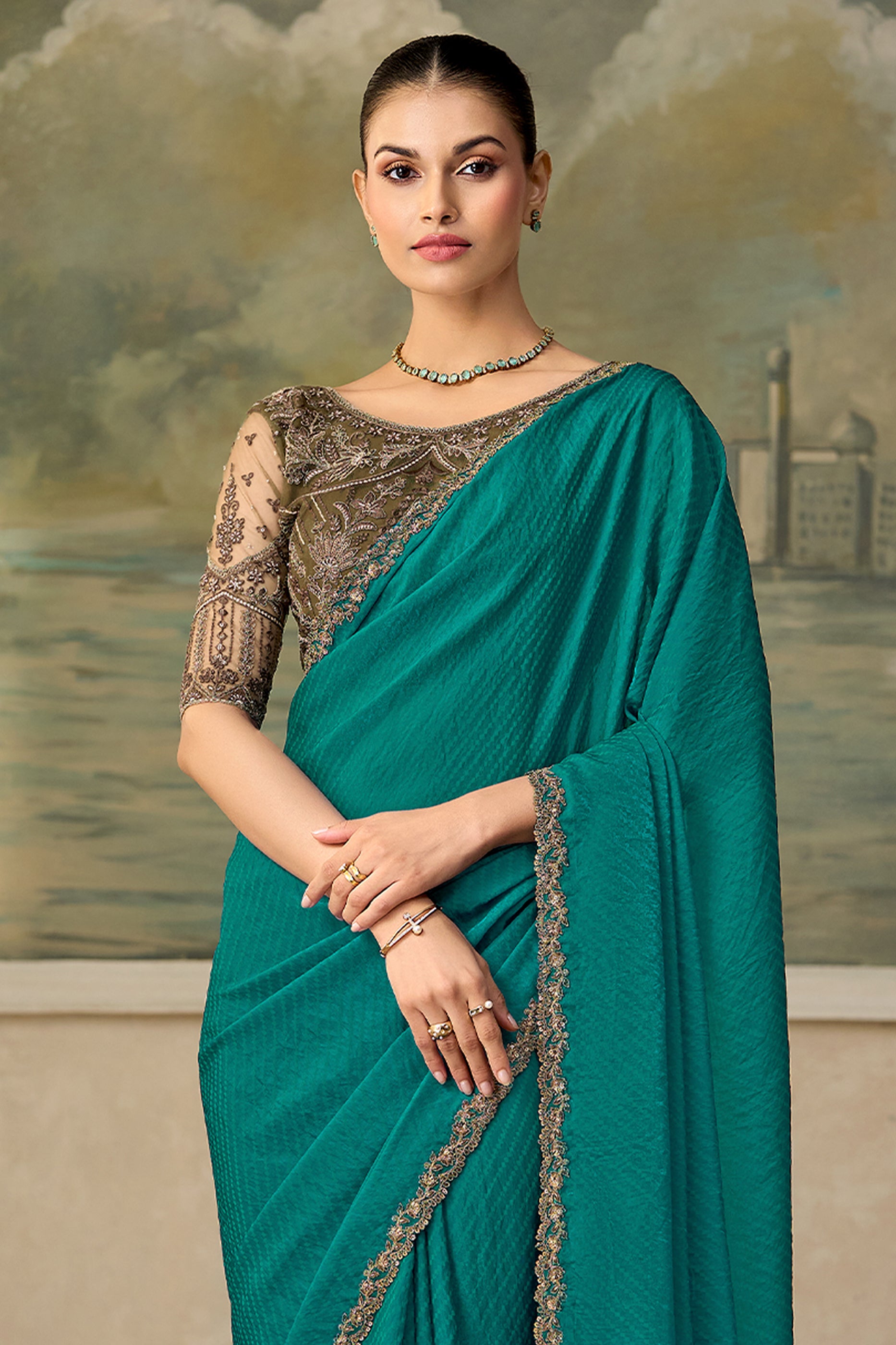 Teal Green Jacquard Satin Georgette Saree-SAR13178_5_SareeButa.com