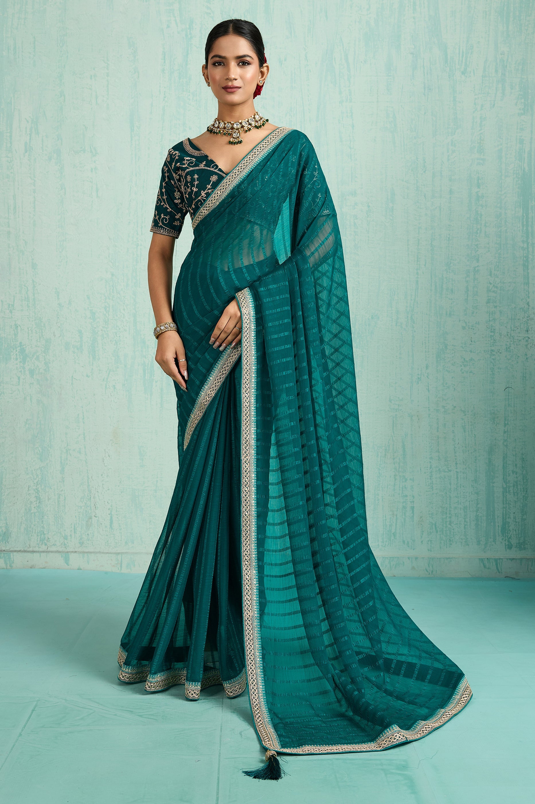 Teal Green Lace Work Chiffon Saree-SAR10621_1_SareeButa.com
