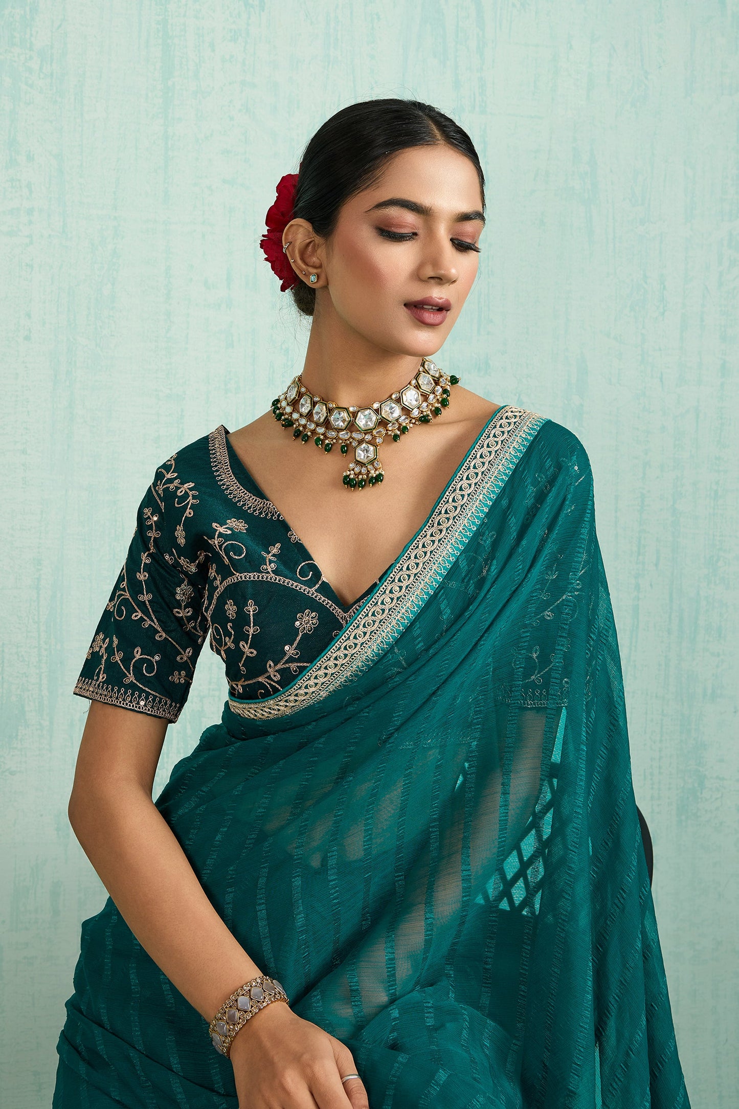 Teal Green Lace Work Chiffon Saree-SAR10621_2_SareeButa.com
