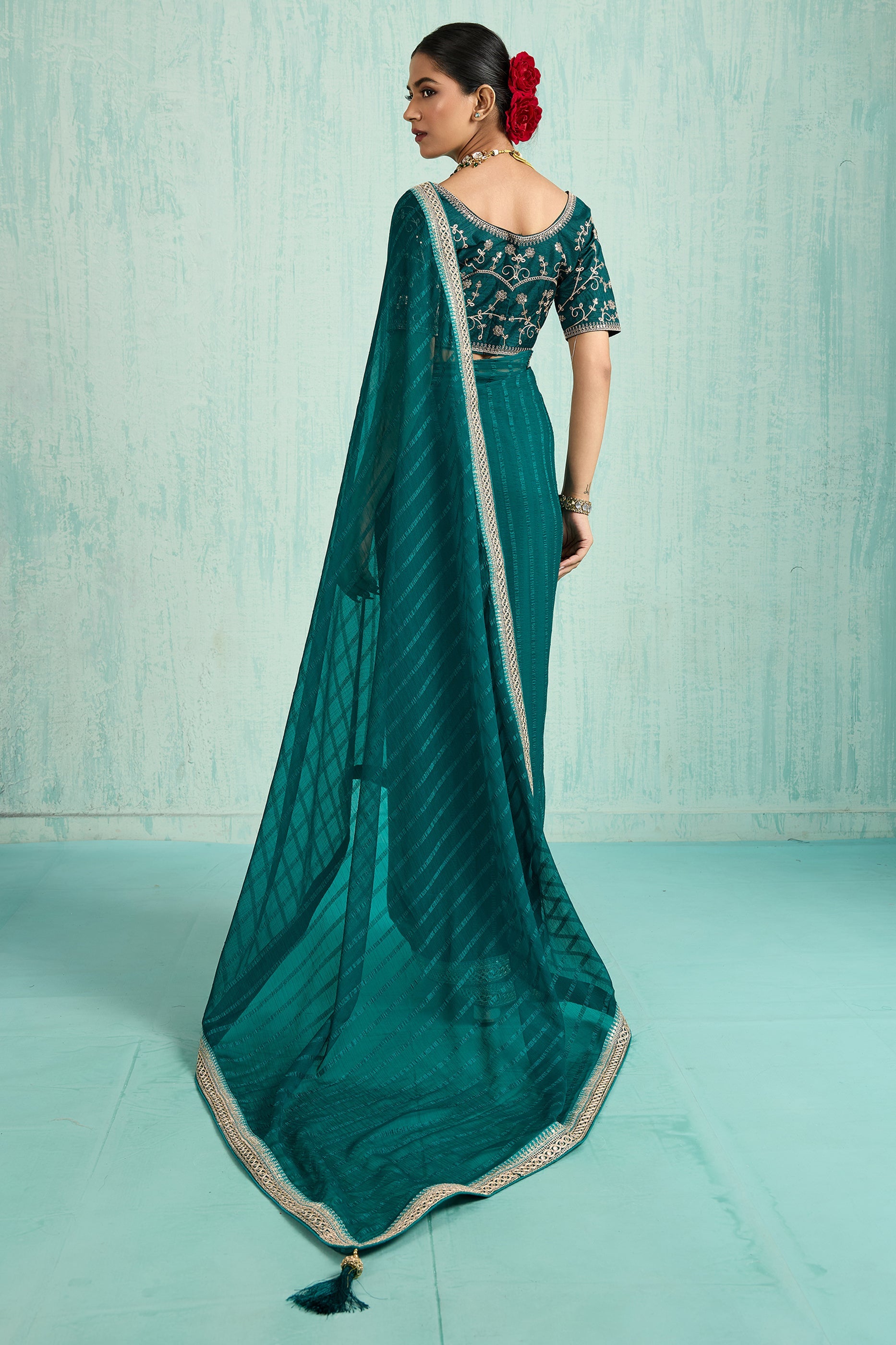 Teal Green Lace Work Chiffon Saree-SAR10621_3_SareeButa.com