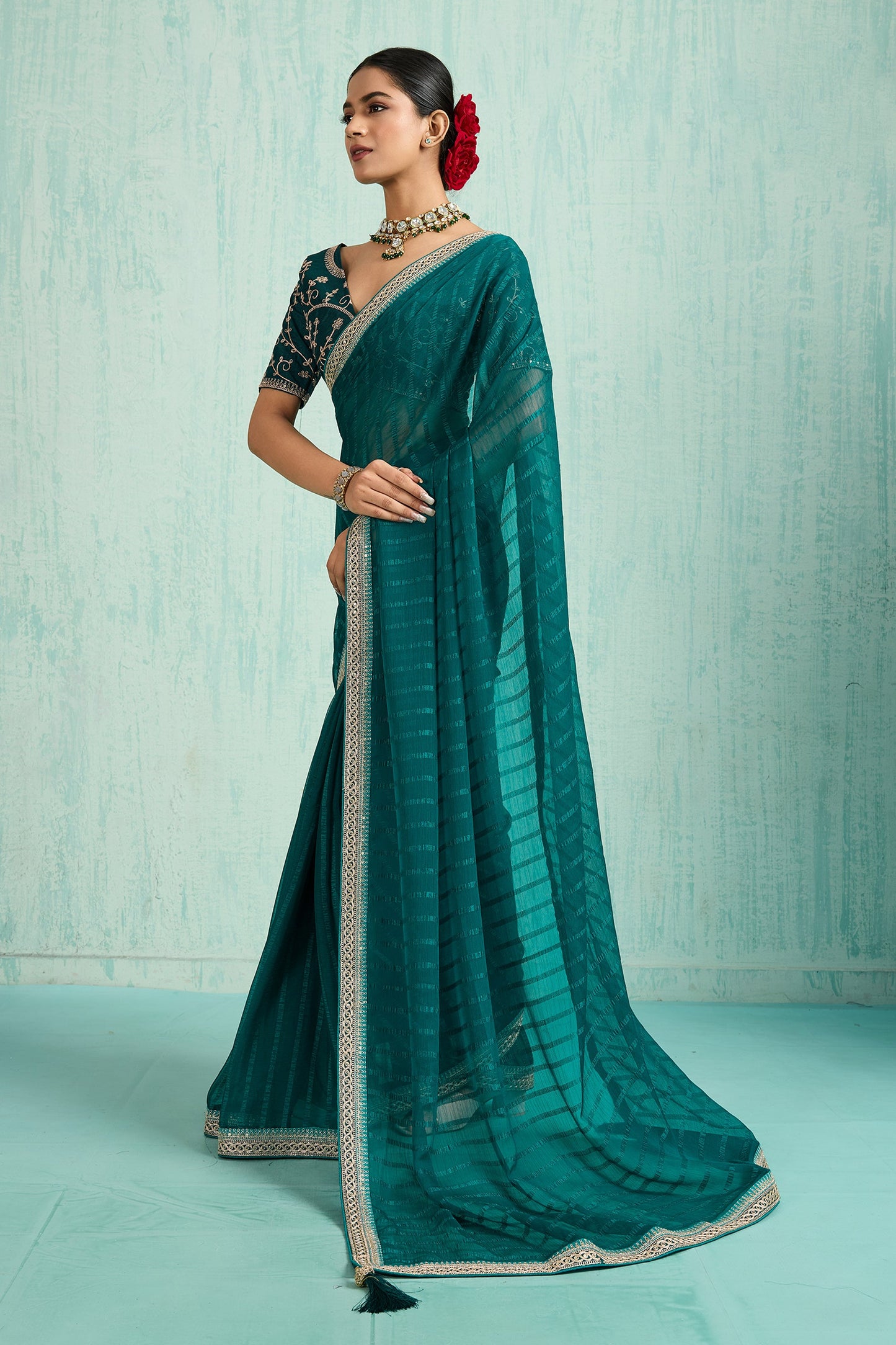 Teal Green Lace Work Chiffon Saree-SAR10621_4_SareeButa.com
