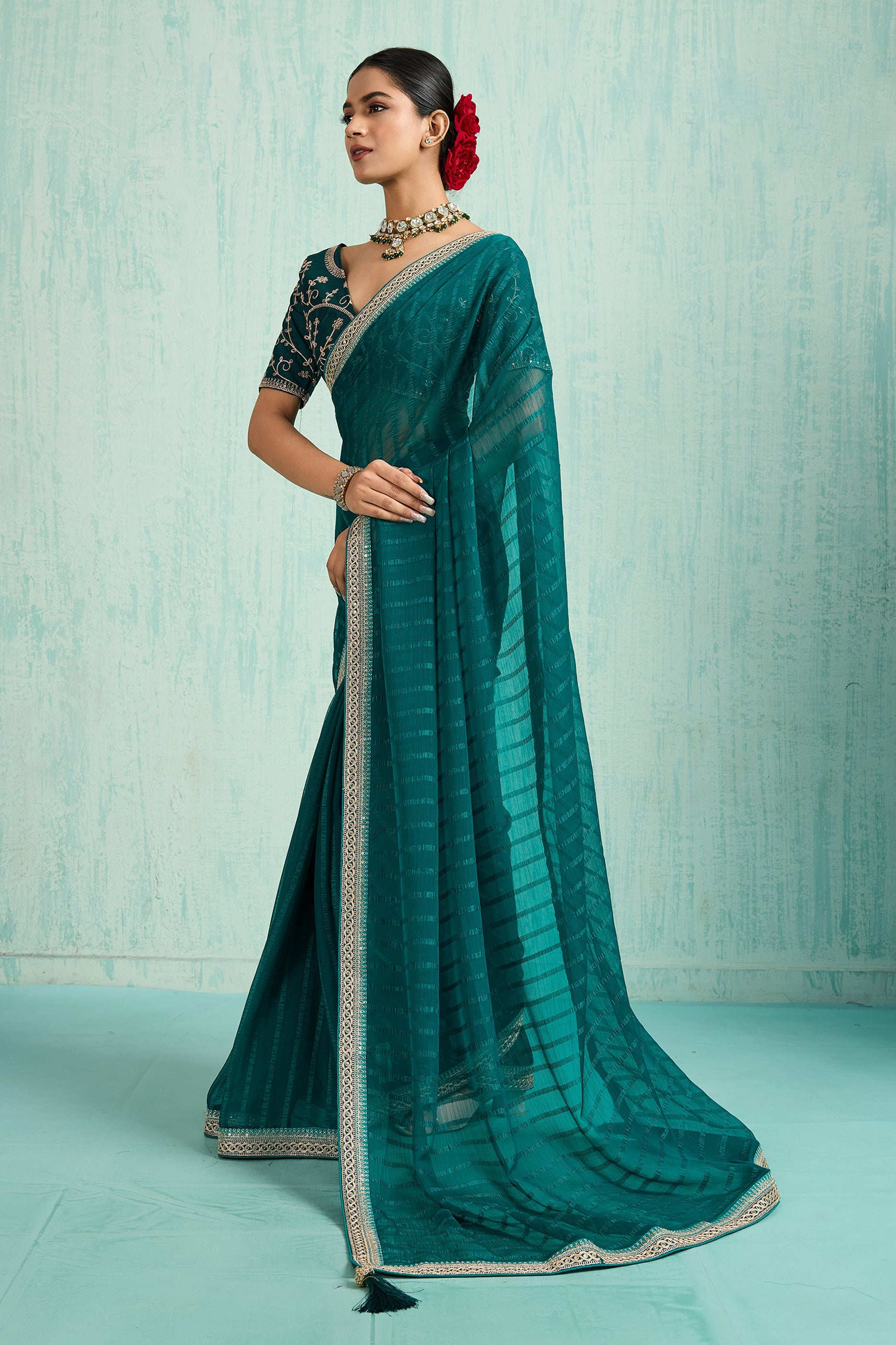 Teal Green Lace Work Chiffon Saree-SAR10621_4_SareeButa.com