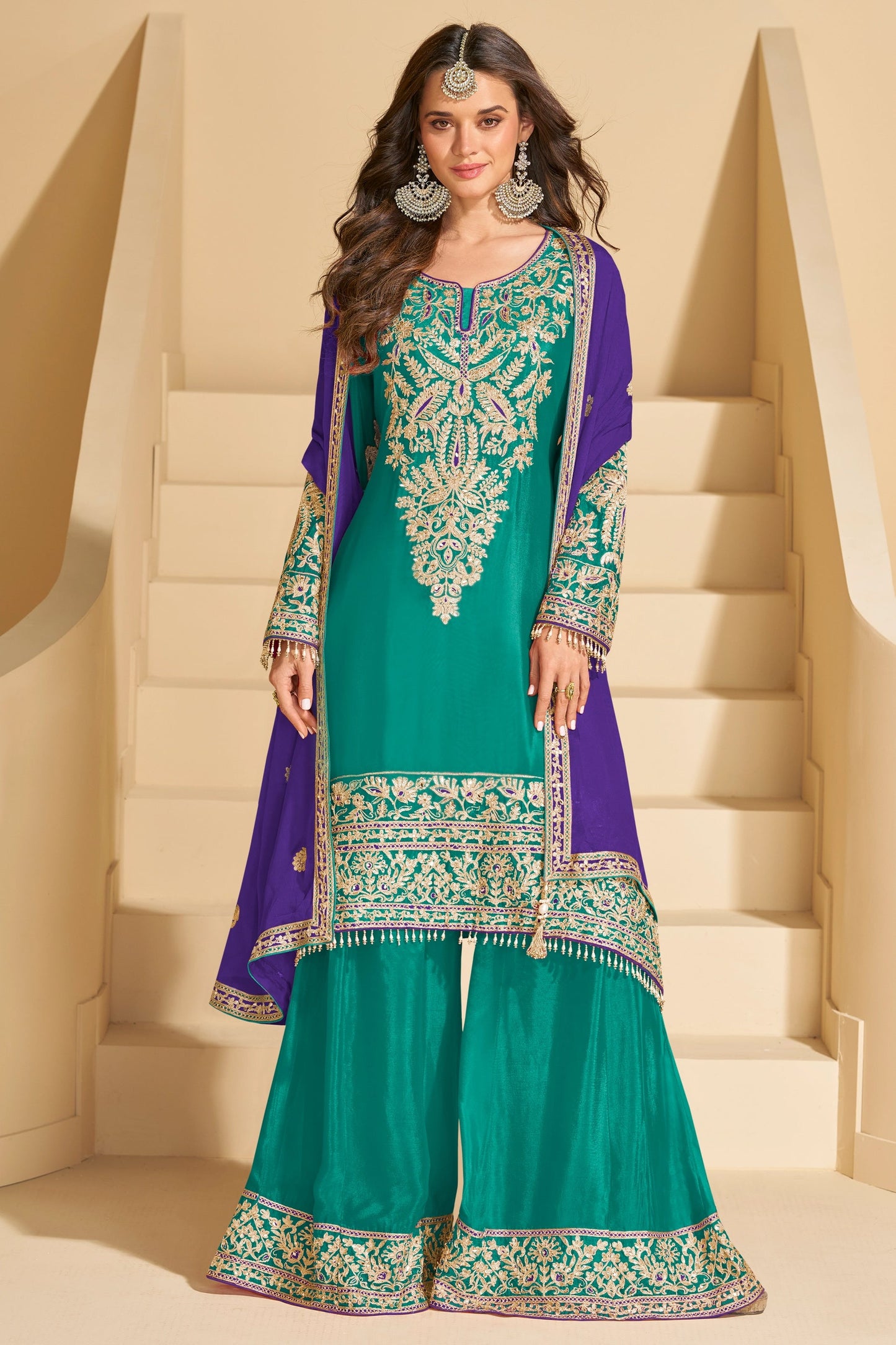 Teal Green Readymade Embroidered Chinnon Silk Suit-SAR10672_1_SareeButa.com