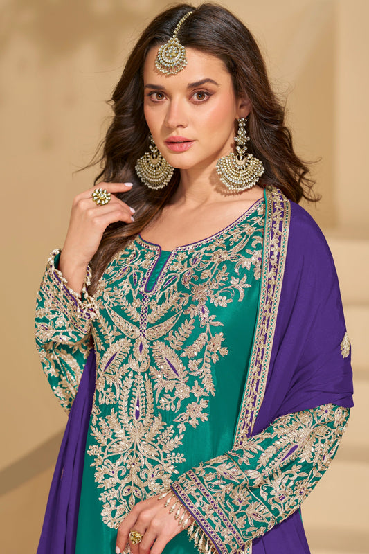 Teal Green Readymade Embroidered Chinnon Silk Suit-SAR10672_2_SareeButa.com
