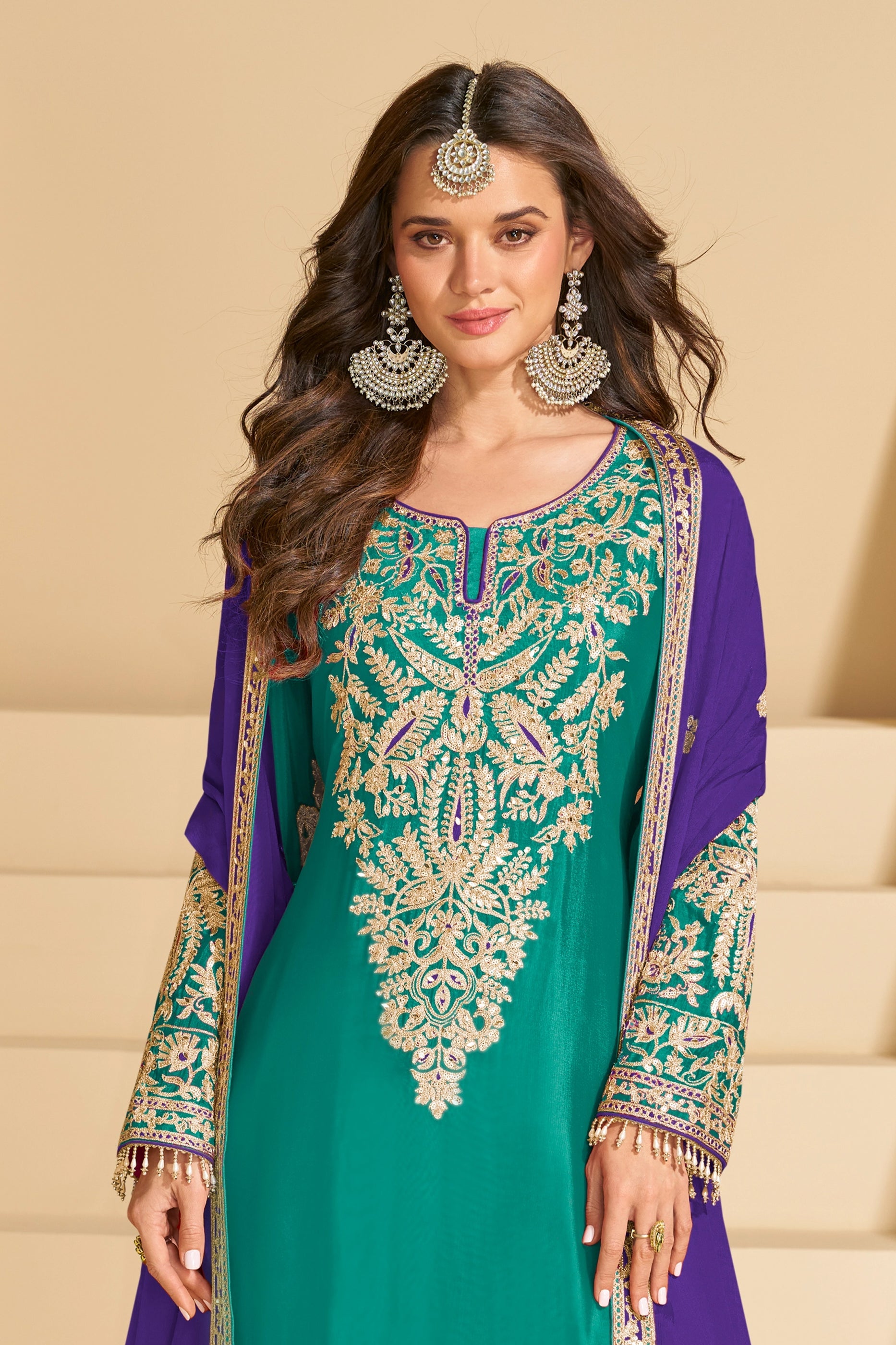 Teal Green Readymade Embroidered Chinnon Silk Suit-SAR10672_3_SareeButa.com