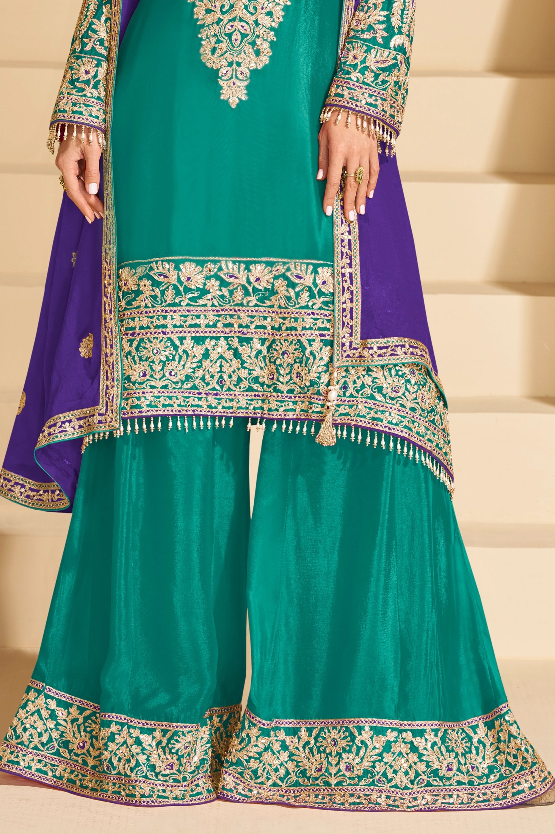 Teal Green Readymade Embroidered Chinnon Silk Suit-SAR10672_4_SareeButa.com