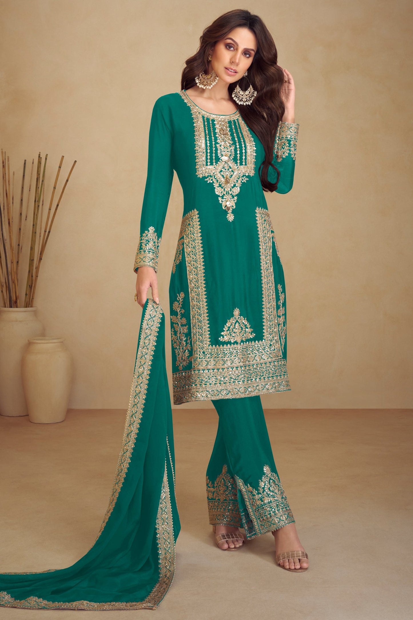 Teal Green Readymade Embroidered Chinon Suit-SAR10806_1_SareeButa.com