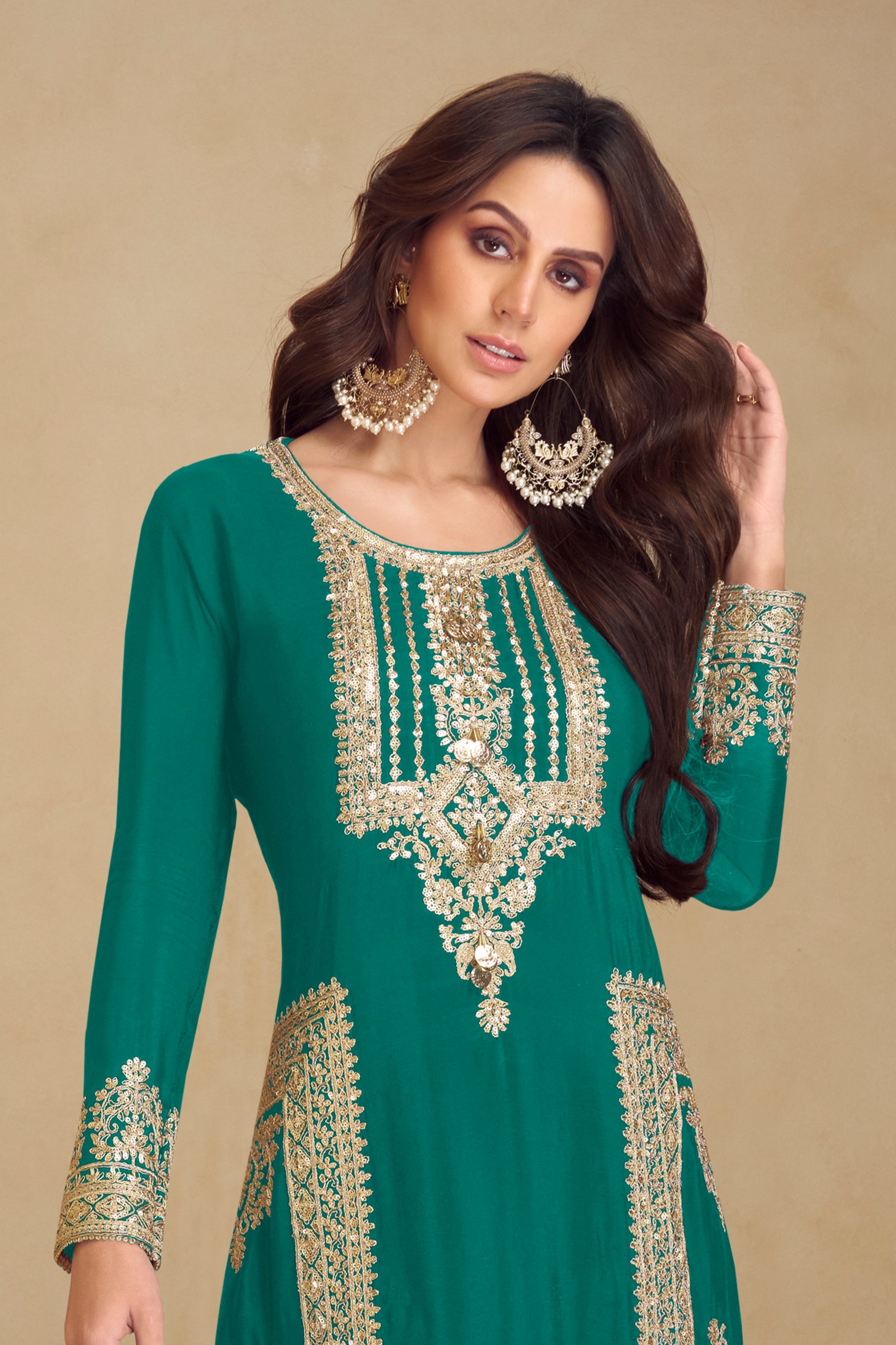 Teal Green Readymade Embroidered Chinon Suit-SAR10806_3_SareeButa.com