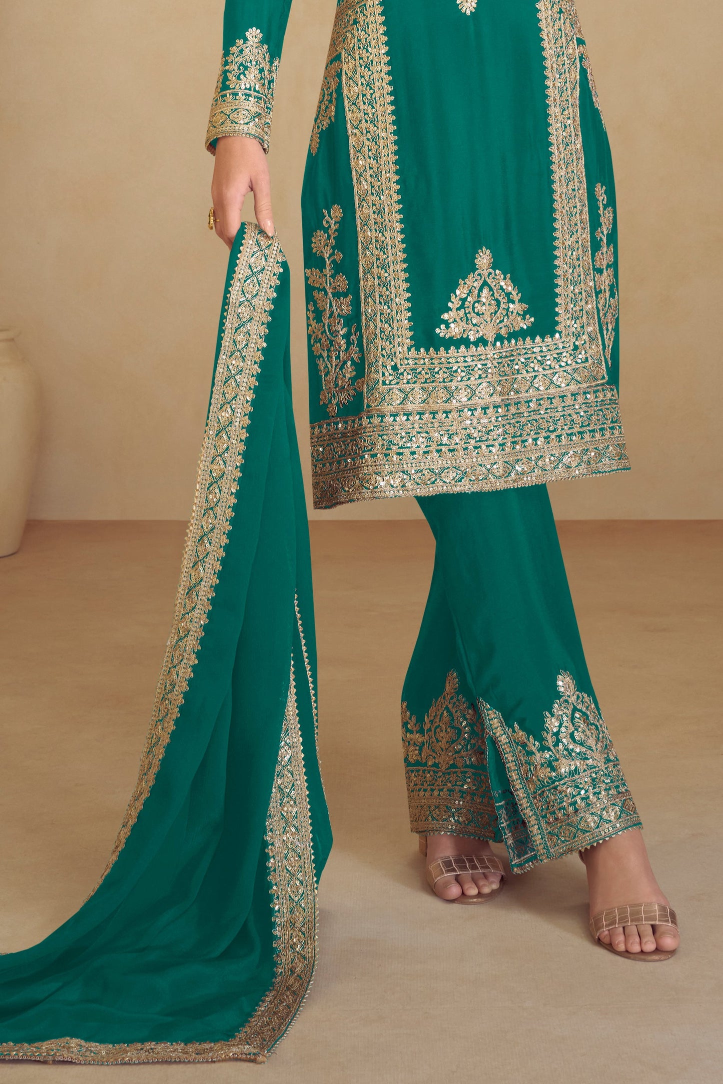 Teal Green Readymade Embroidered Chinon Suit-SAR10806_4_SareeButa.com