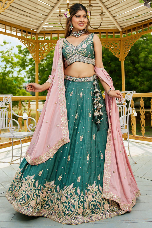 Teal Green Readymade Embroidered Chiffon Silk Lehenga-SAR10058_1_SareeButa.com