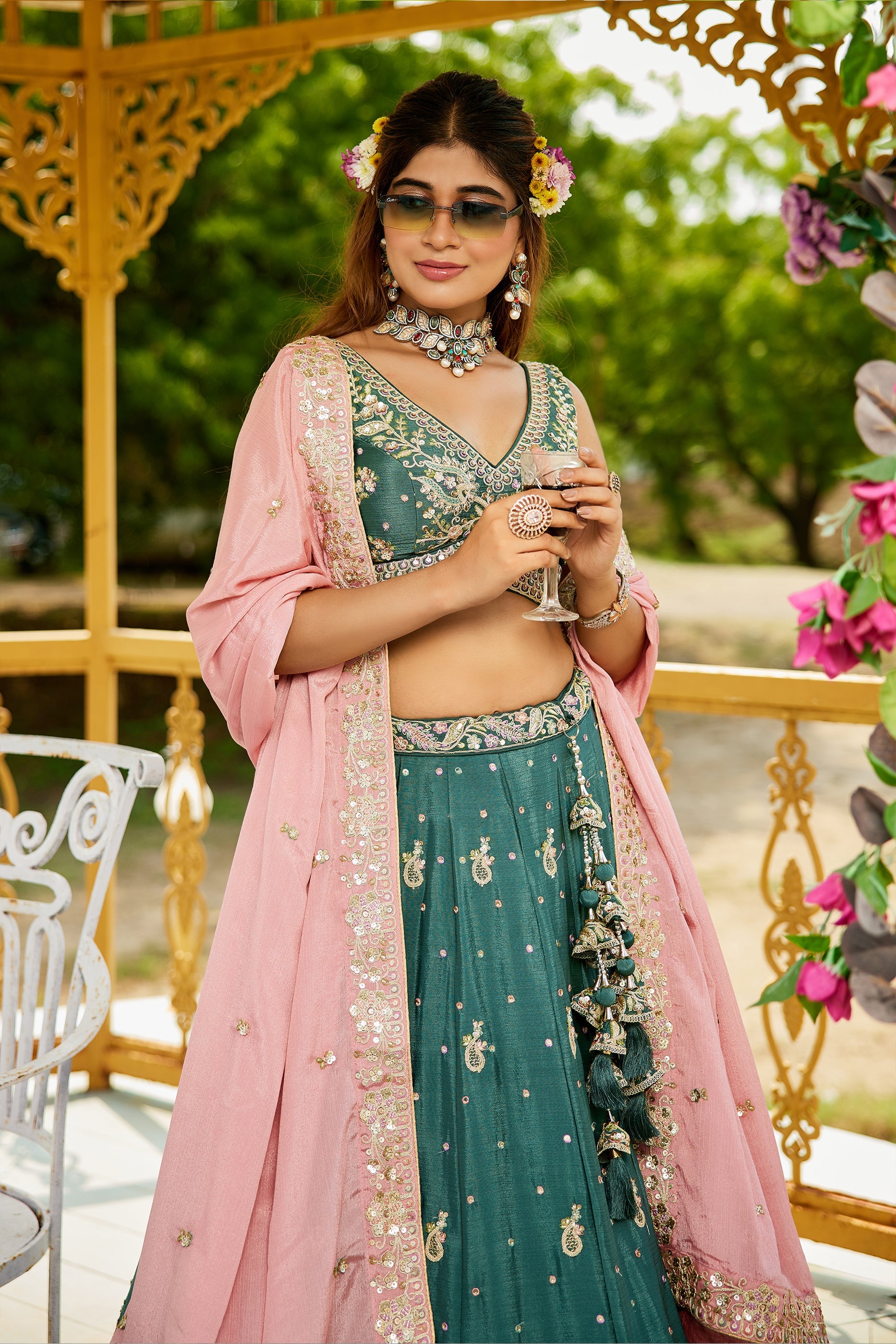 Teal Green Readymade Embroidered Chiffon Silk Lehenga-SAR10058_2_SareeButa.com