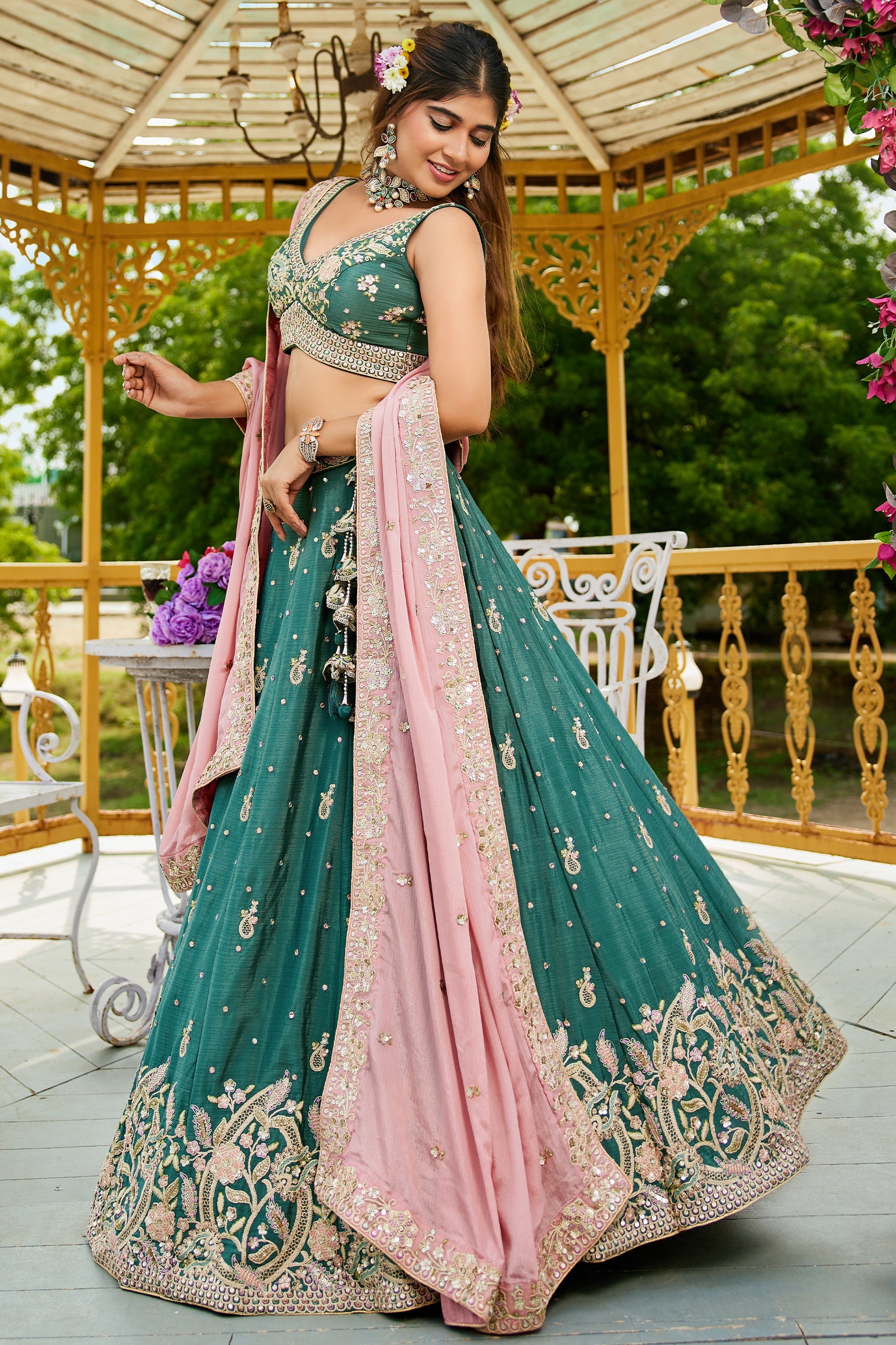 Teal Green Readymade Embroidered Chiffon Silk Lehenga-SAR10058_3_SareeButa.com