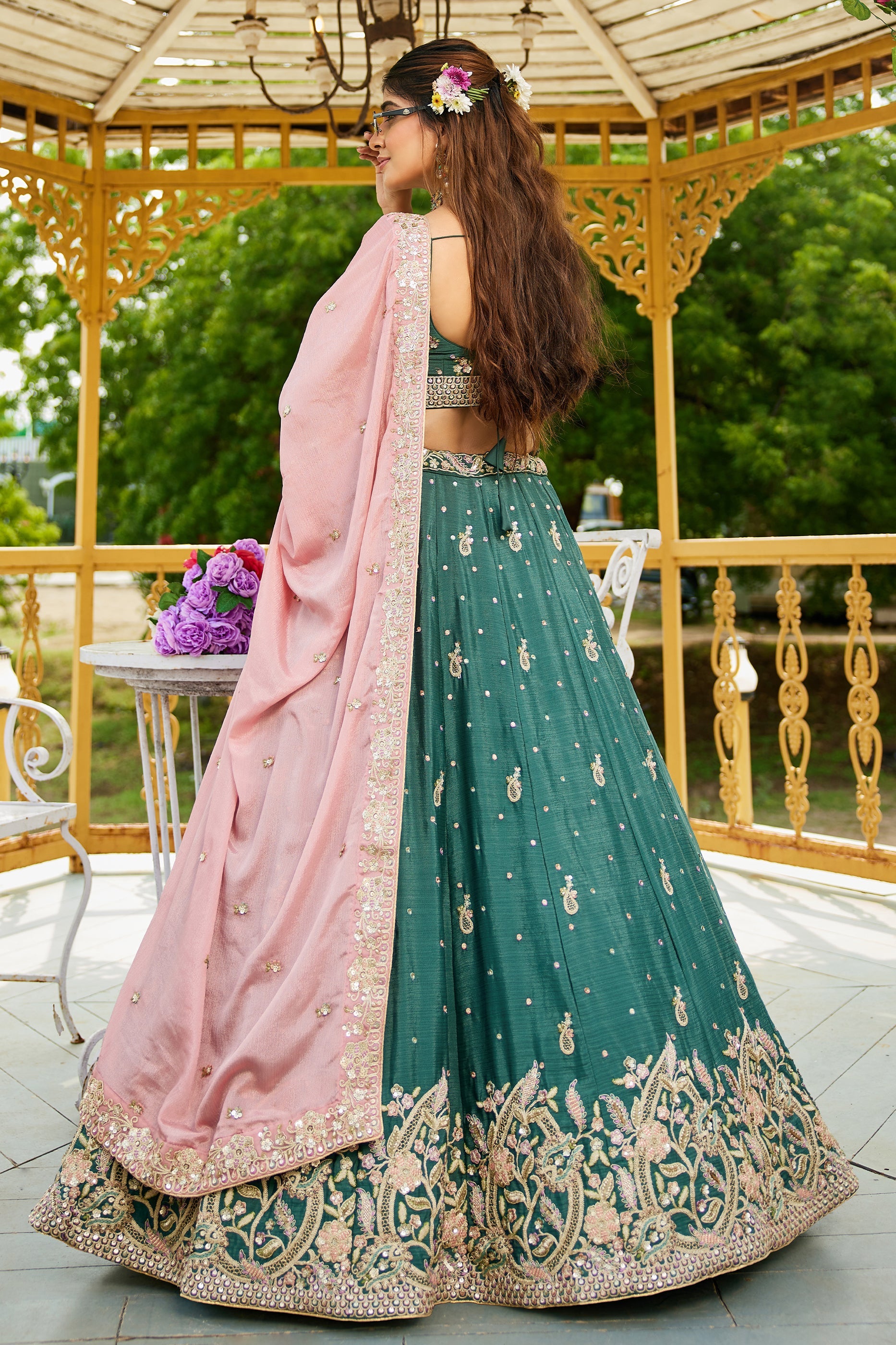 Teal Green Readymade Embroidered Chiffon Silk Lehenga-SAR10058_4_SareeButa.com