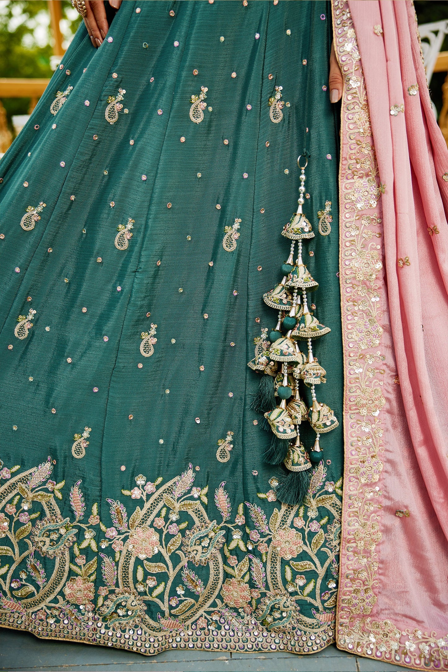 Teal Green Readymade Embroidered Chiffon Silk Lehenga-SAR10058_5_SareeButa.com