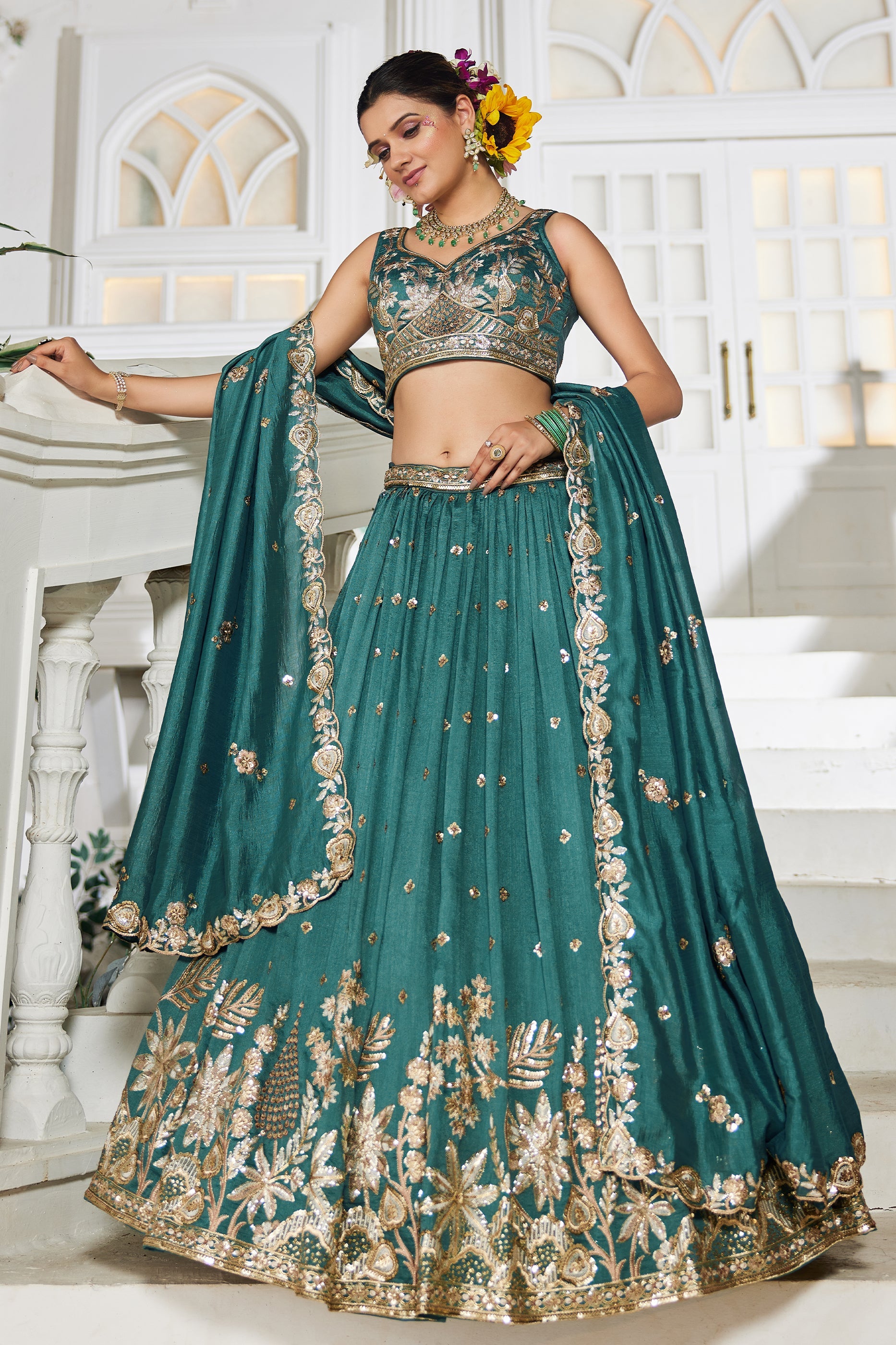 Teal Green Readymade Embroidered Georgette Lehenga-SAR10077_1_SareeButa.com