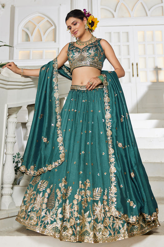 Teal Green Readymade Embroidered Georgette Lehenga-SAR10077_1_SareeButa.com