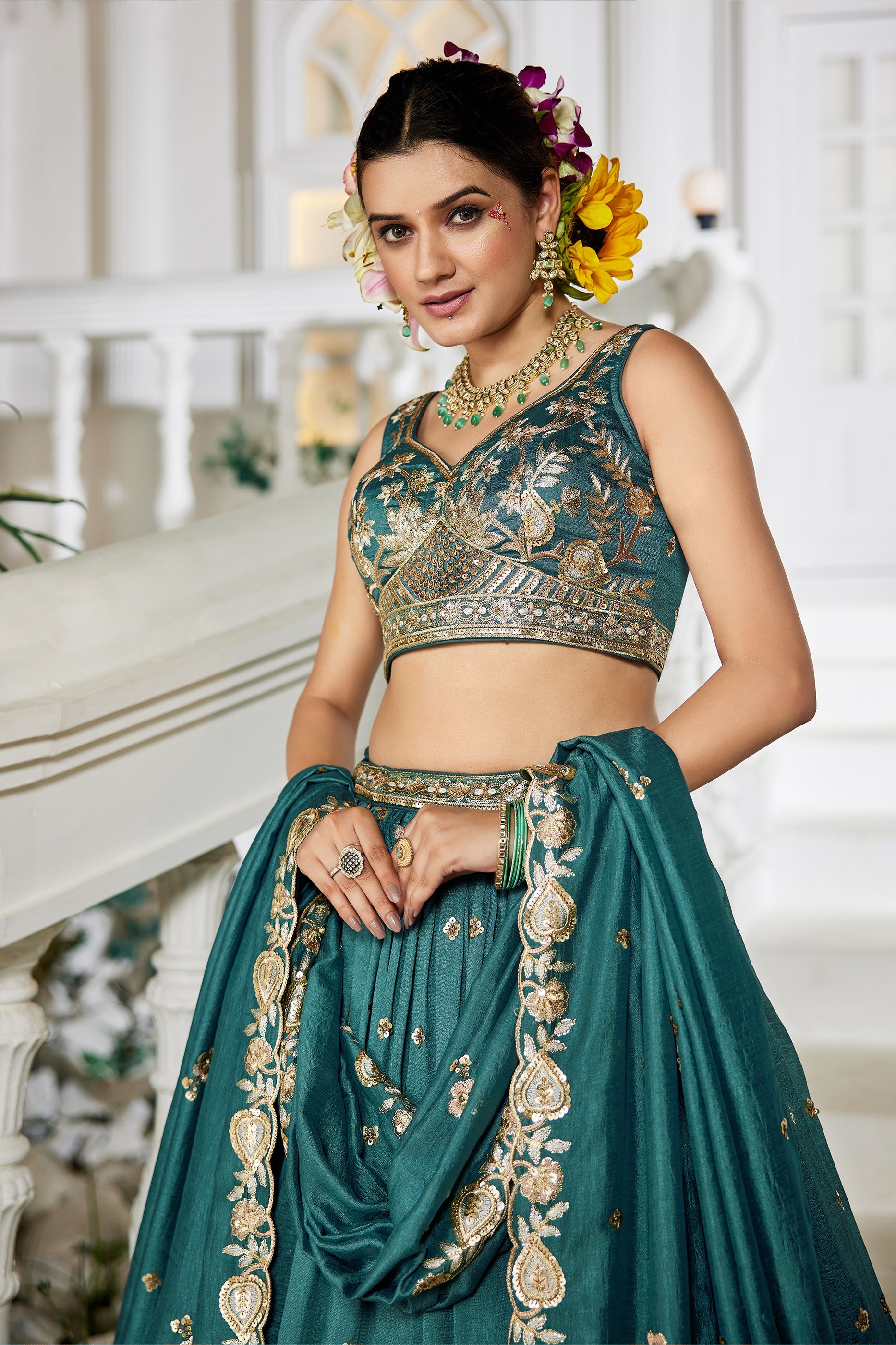 Teal Green Readymade Embroidered Georgette Lehenga-SAR10077_2_SareeButa.com