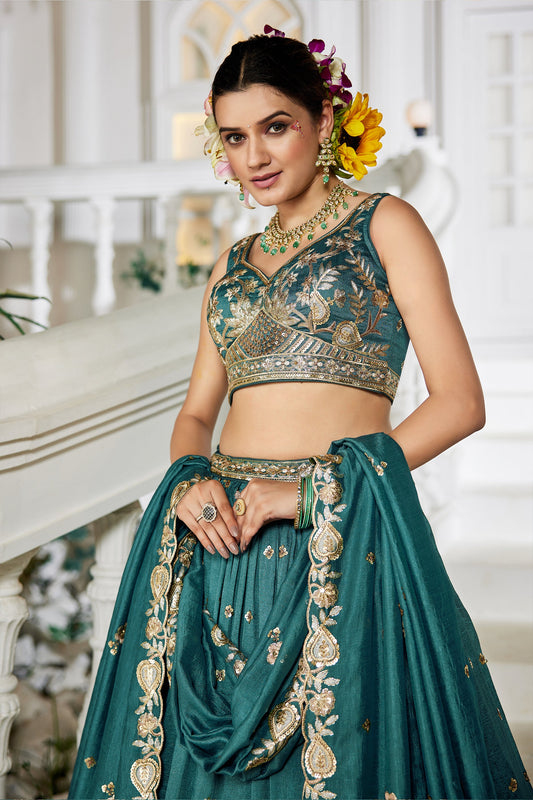 Teal Green Readymade Embroidered Georgette Lehenga-SAR10077_2_SareeButa.com