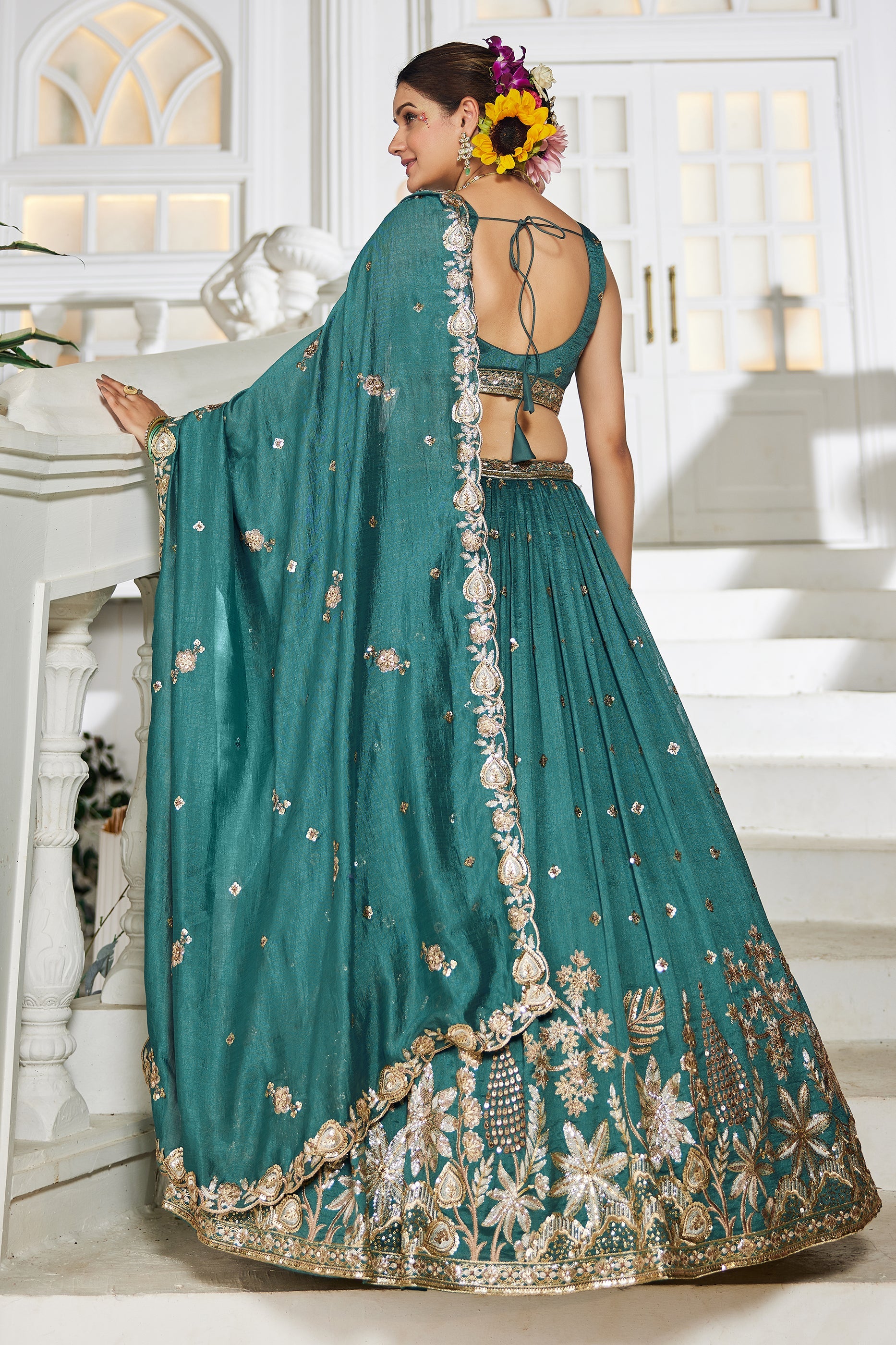 Teal Green Readymade Embroidered Georgette Lehenga-SAR10077_3_SareeButa.com