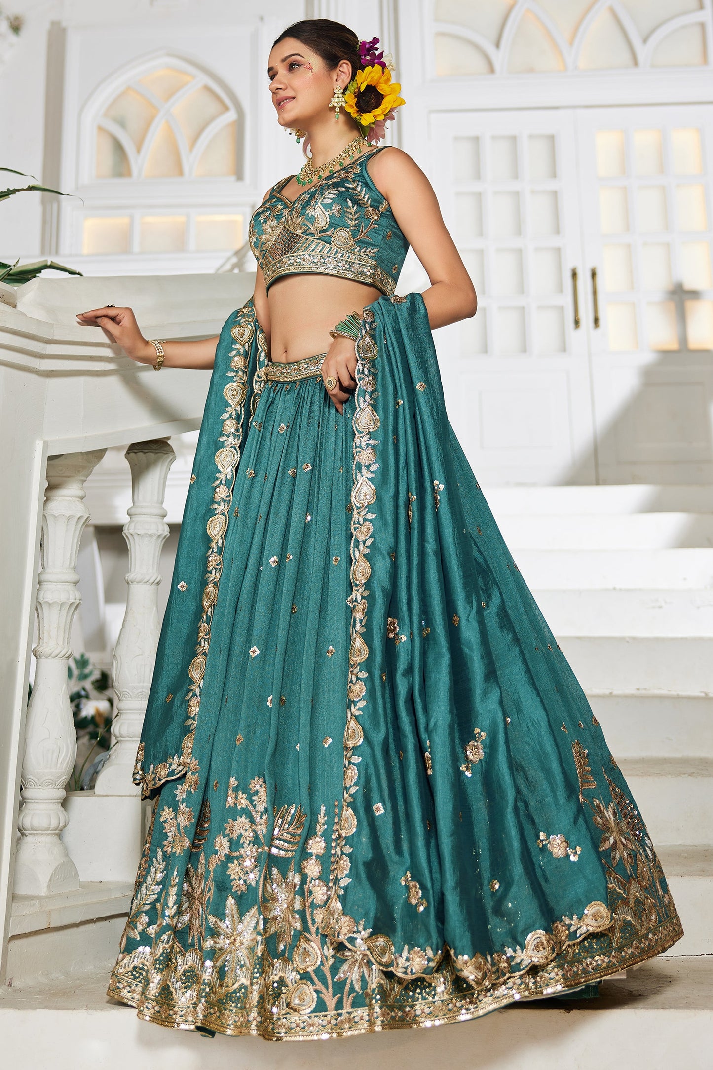 Teal Green Readymade Embroidered Georgette Lehenga-SAR10077_4_SareeButa.com