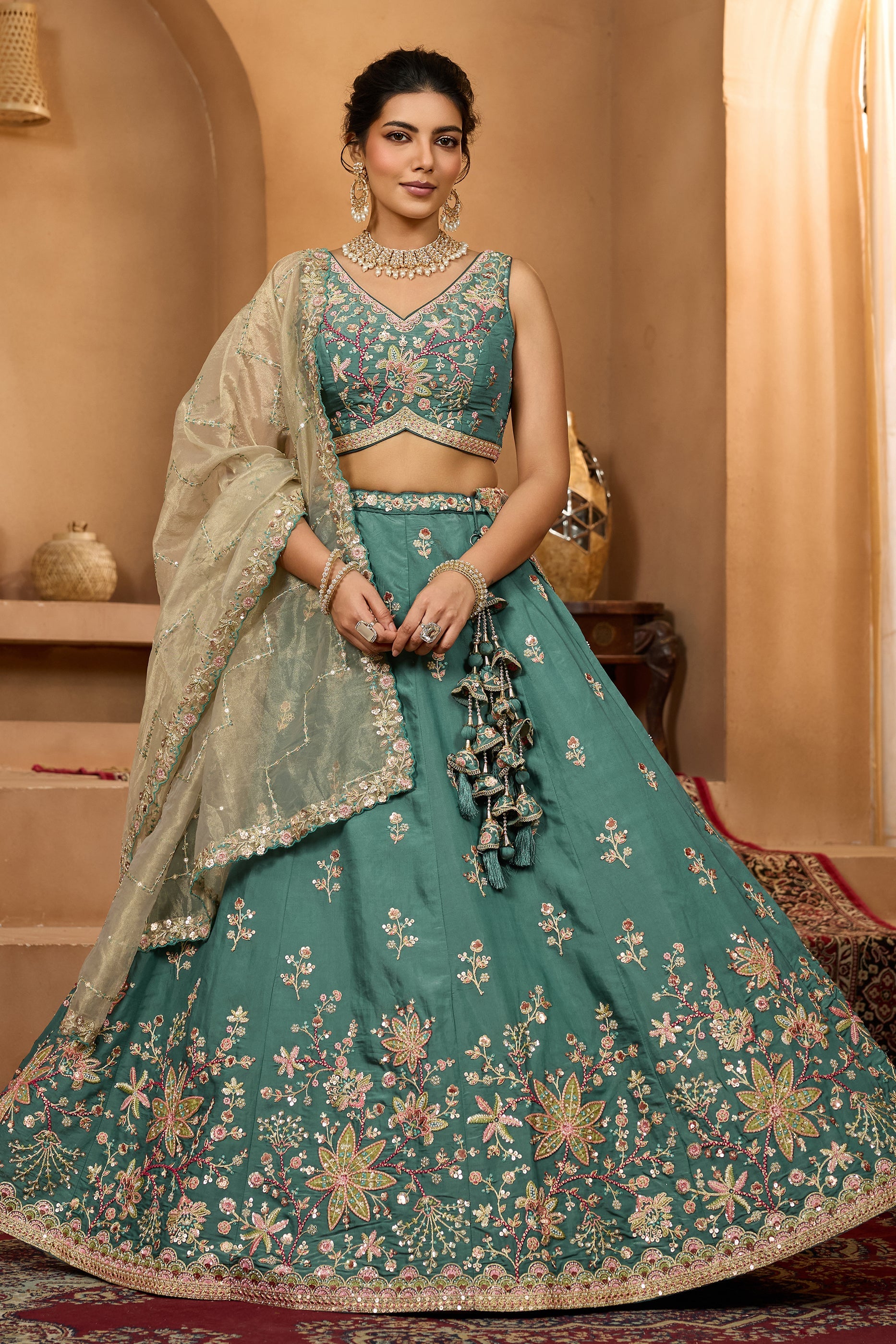 Teal Green Semi-Stitched Embroidered Georgette Lehenga-SAR10696_1_SareeButa.com