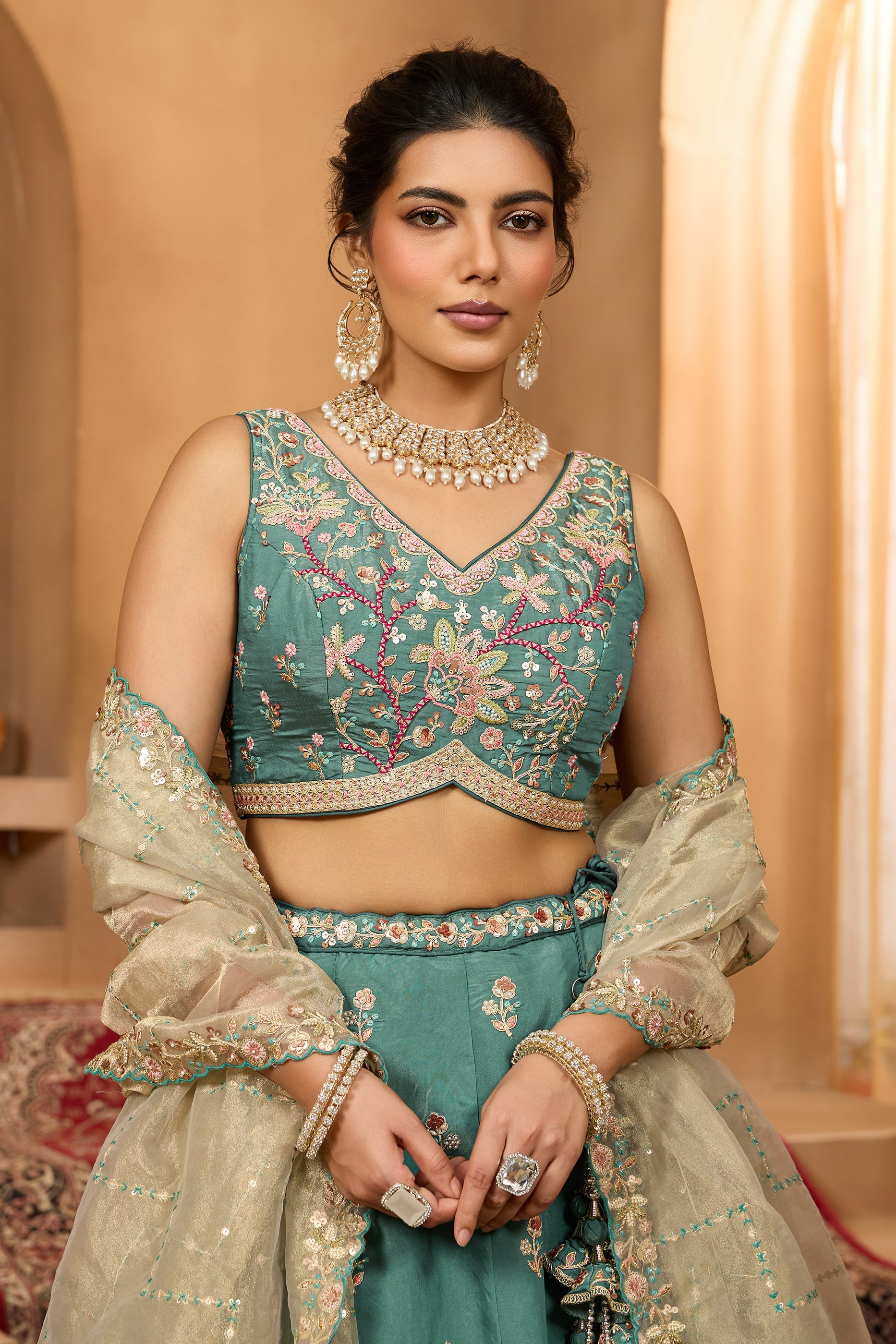 Teal Green Semi-Stitched Embroidered Georgette Lehenga-SAR10696_2_SareeButa.com