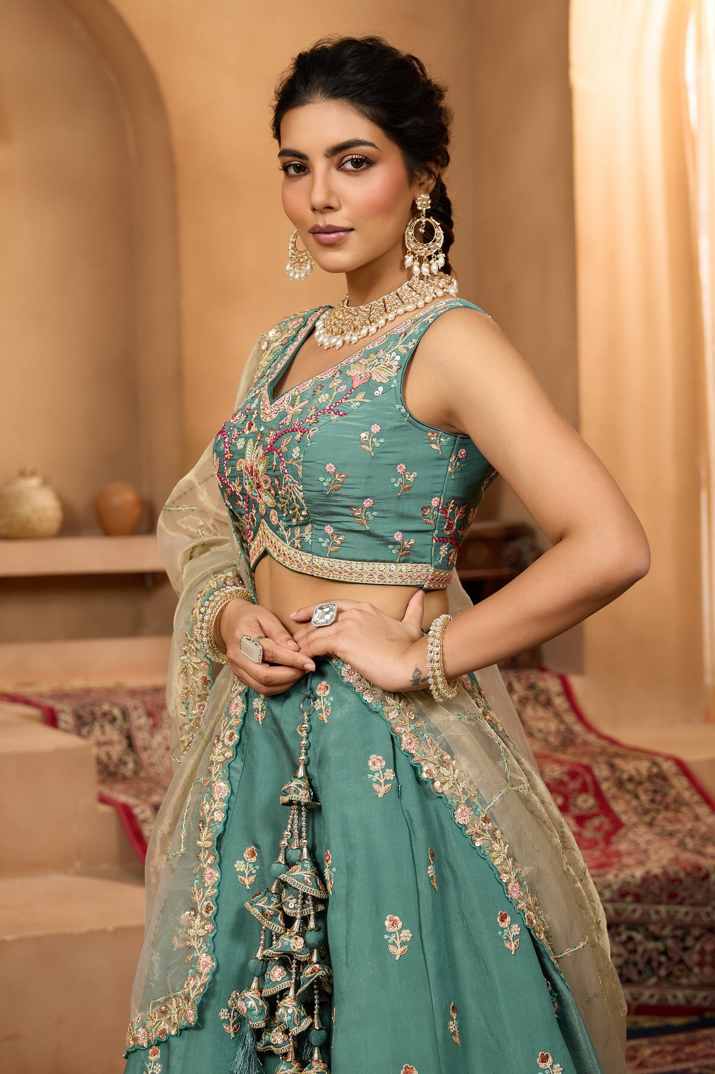 Teal Green Semi-Stitched Embroidered Georgette Lehenga-SAR10696_3_SareeButa.com