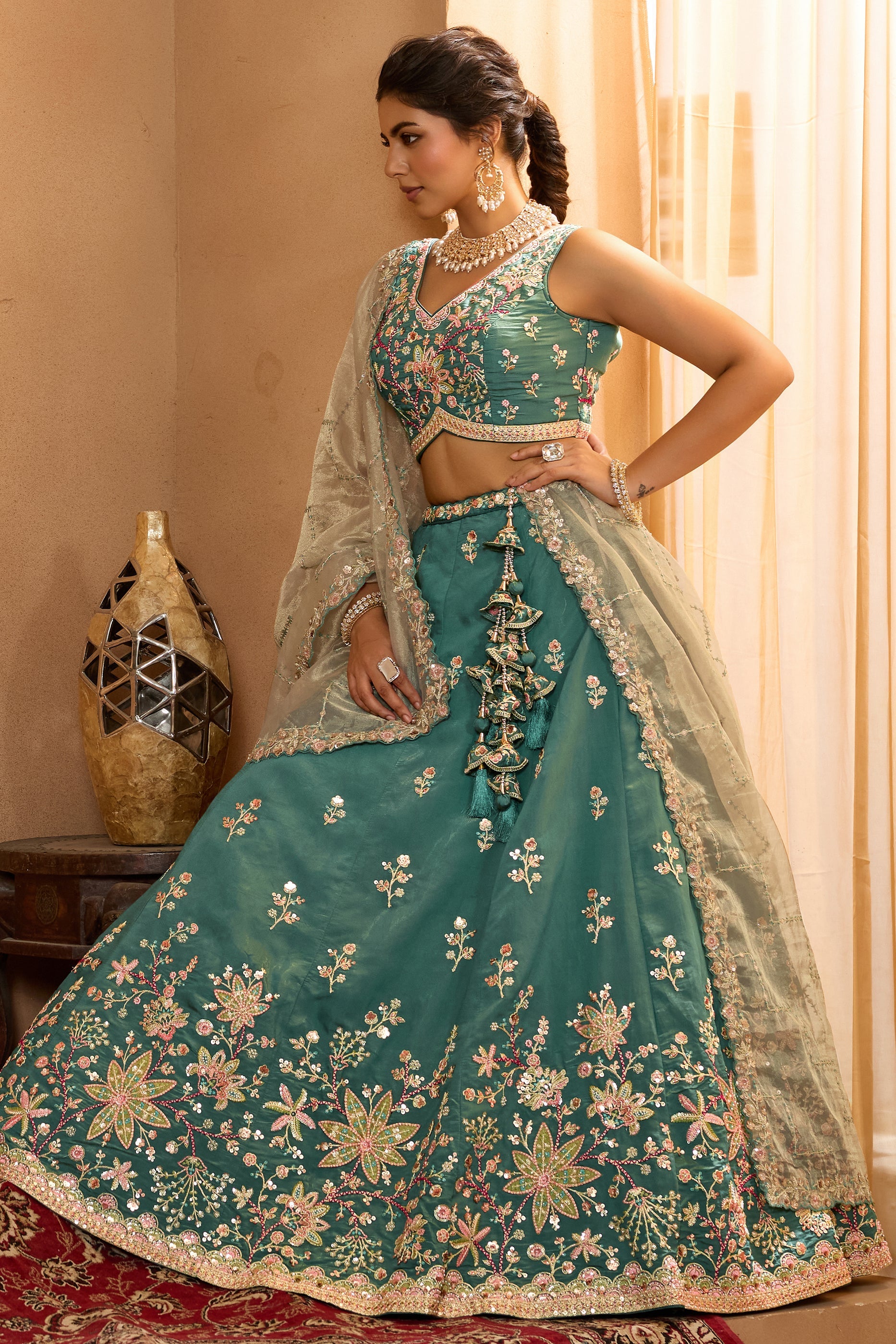 Teal Green Semi-Stitched Embroidered Georgette Lehenga-SAR10696_5_SareeButa.com