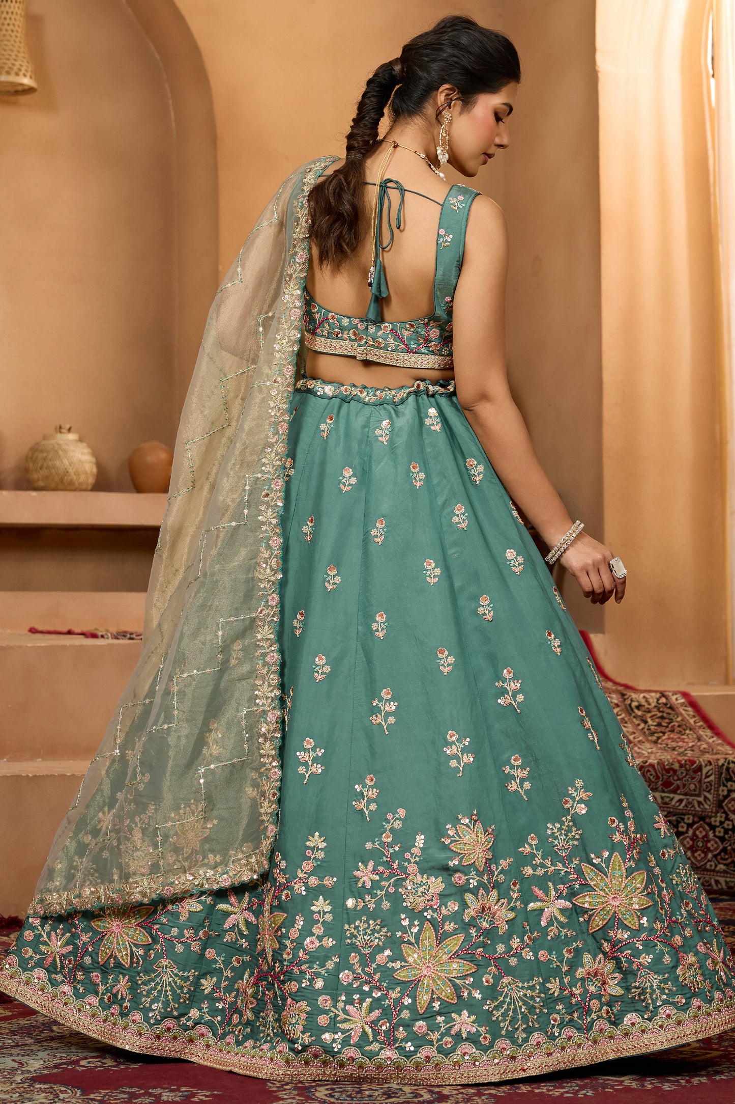 Teal Green Semi-Stitched Embroidered Georgette Lehenga
