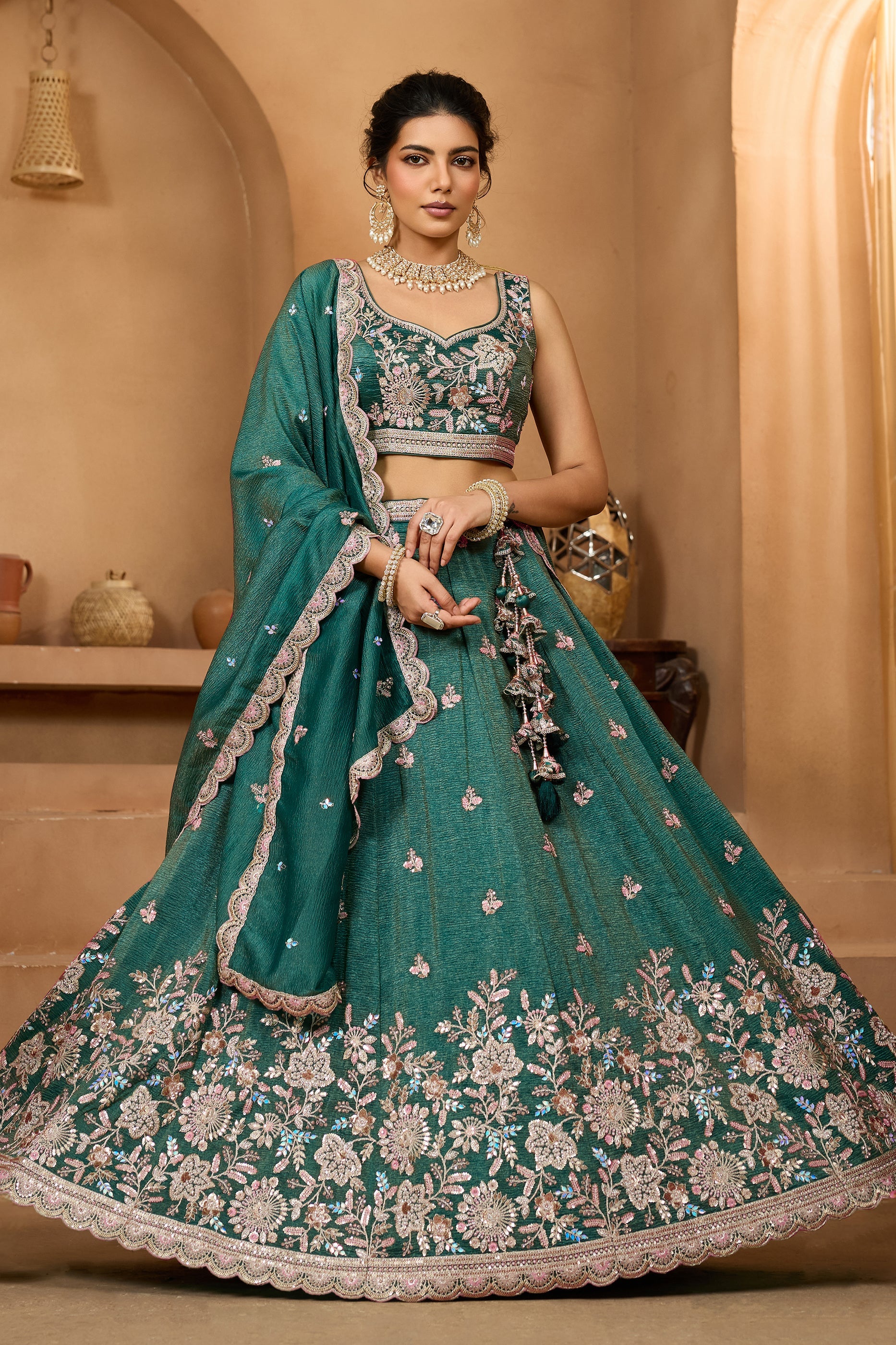 Teal Green Semi-Stitched Embroidered Tissue Lehenga-SAR10688_1_SareeButa.com