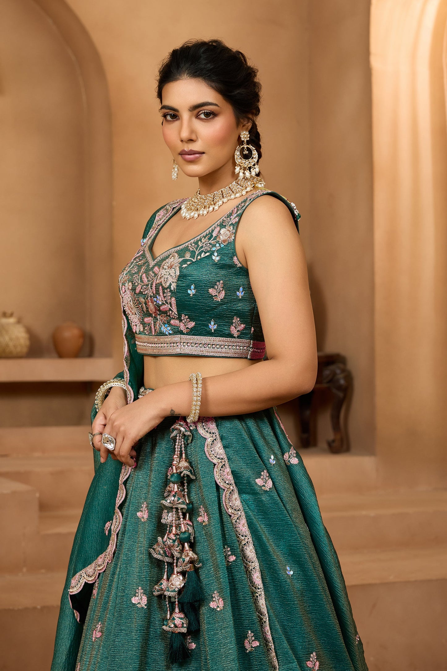Teal Green Semi-Stitched Embroidered Tissue Lehenga-SAR10688_2_SareeButa.com