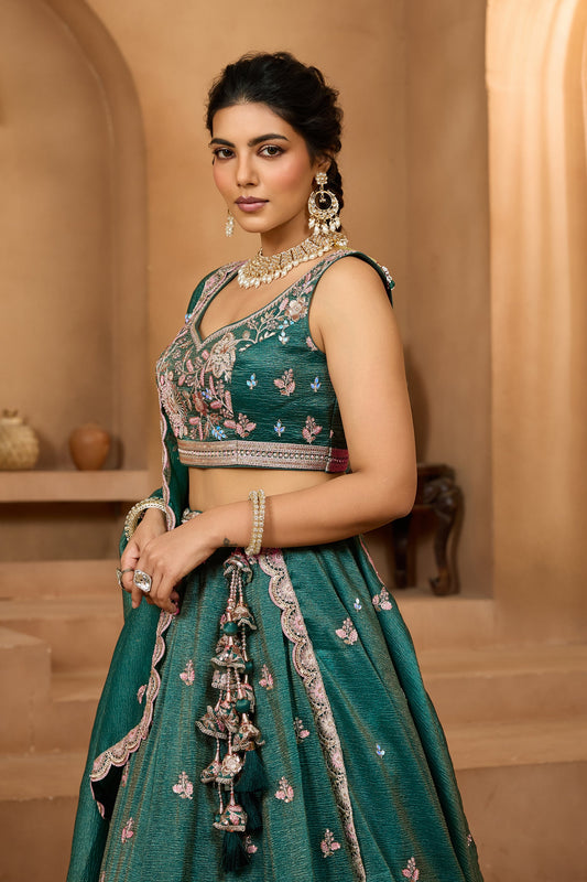 Teal Green Semi-Stitched Embroidered Tissue Lehenga-SAR10688_2_SareeButa.com