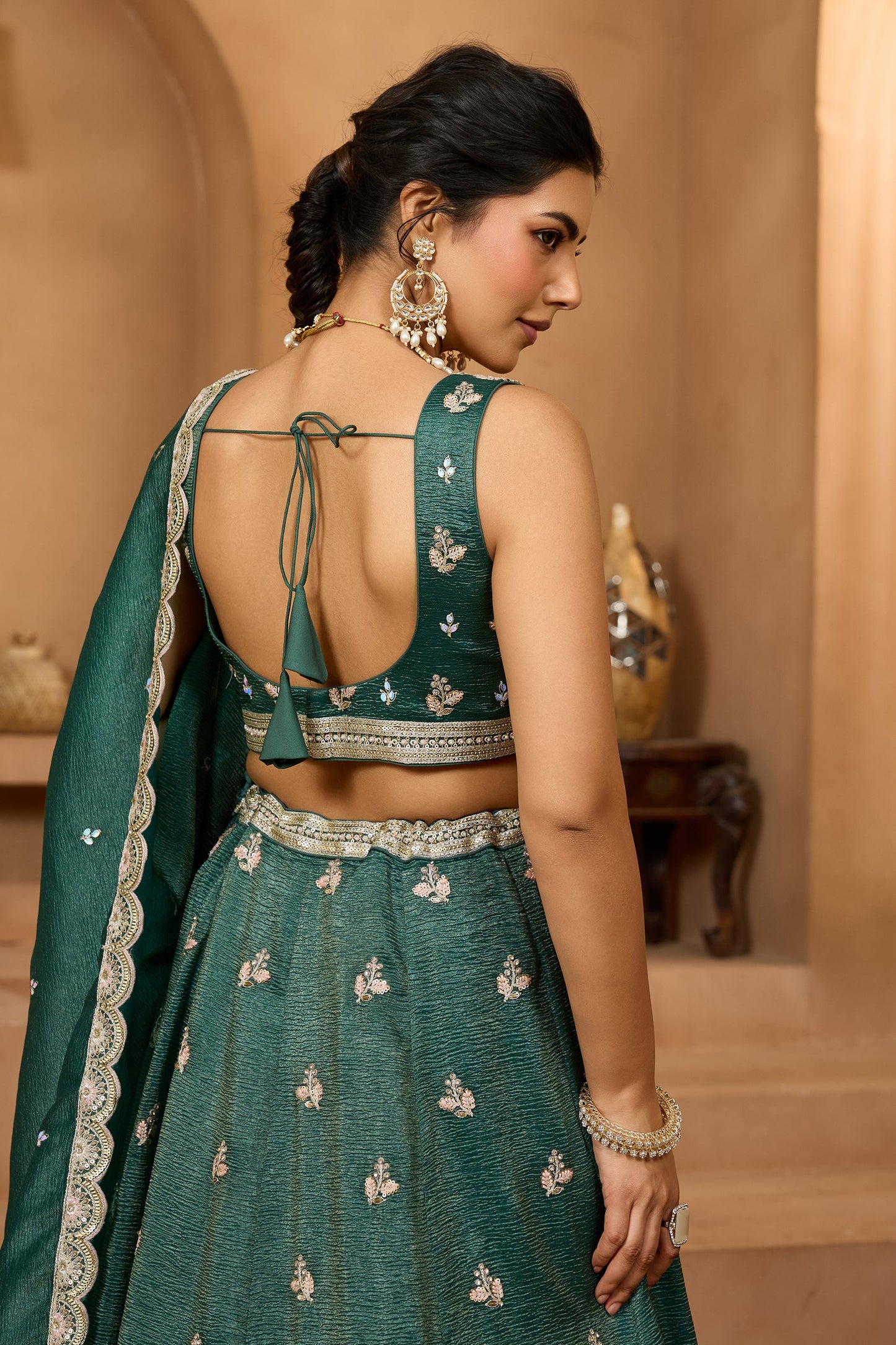 Teal Green Semi-Stitched Embroidered Tissue Lehenga-SAR10688_3_SareeButa.com