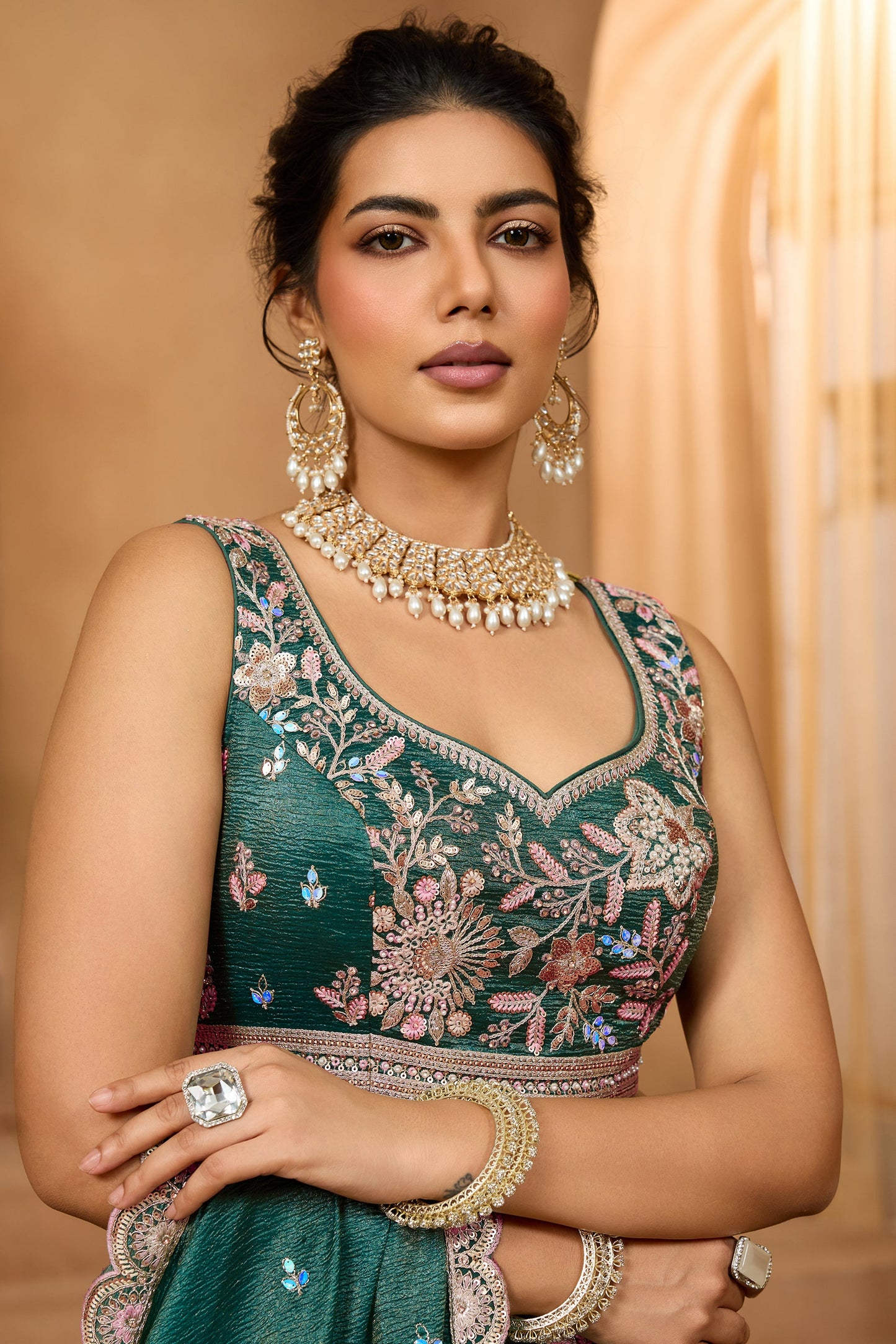 Teal Green Semi-Stitched Embroidered Tissue Lehenga-SAR10688_4_SareeButa.com