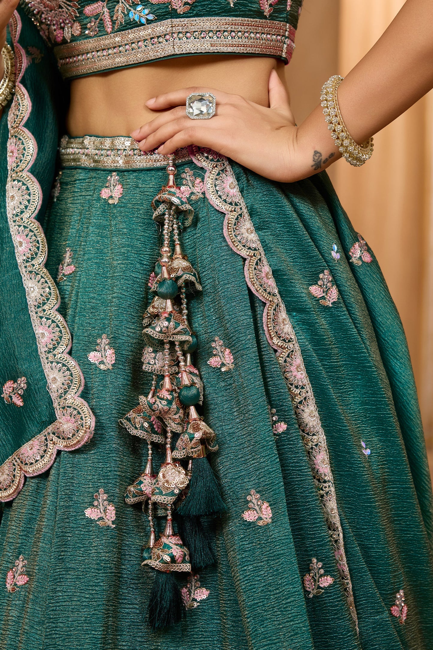 Teal Green Semi-Stitched Embroidered Tissue Lehenga-SAR10688_5_SareeButa.com