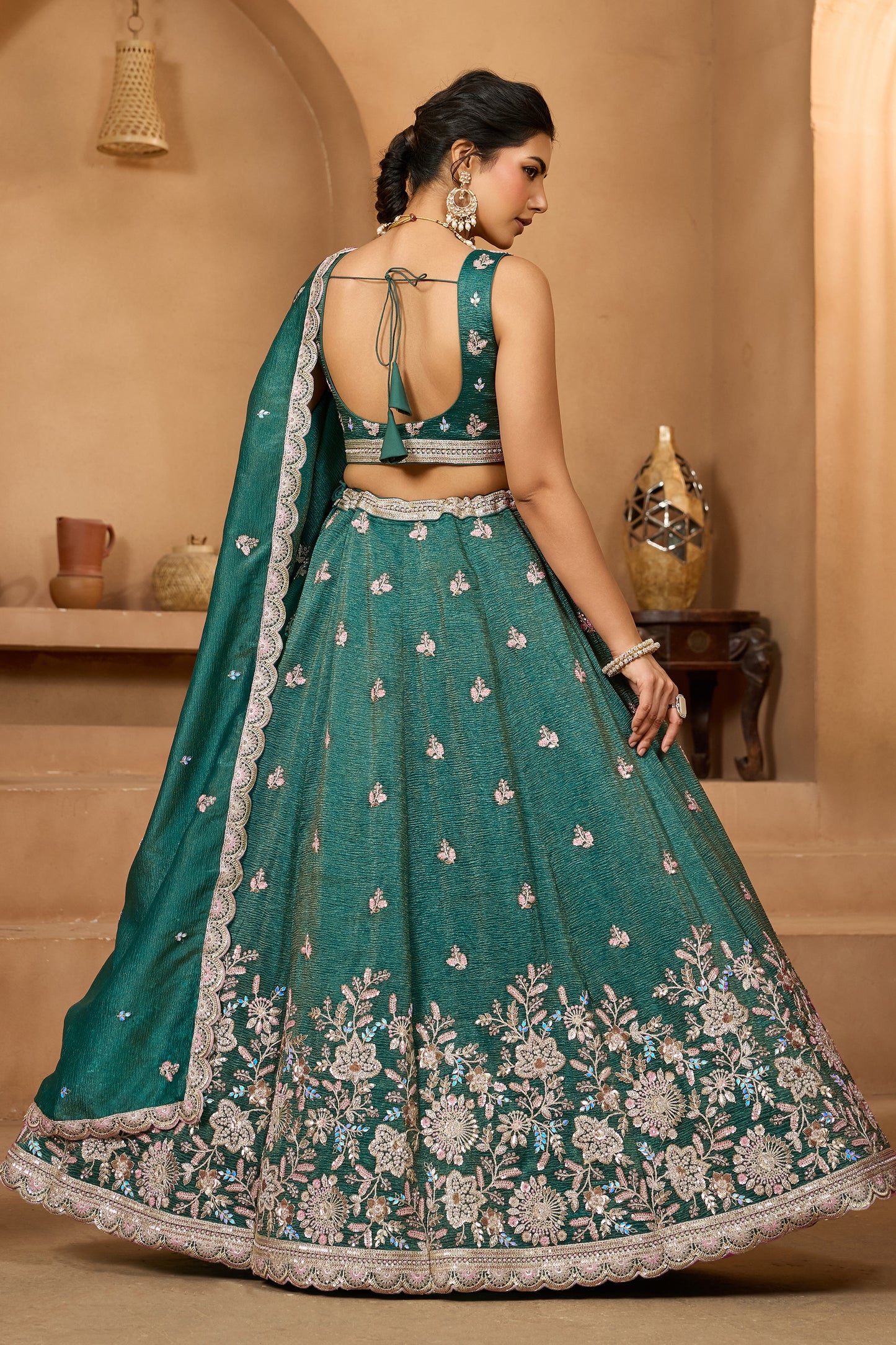Teal Green Semi-Stitched Embroidered Tissue Lehenga
