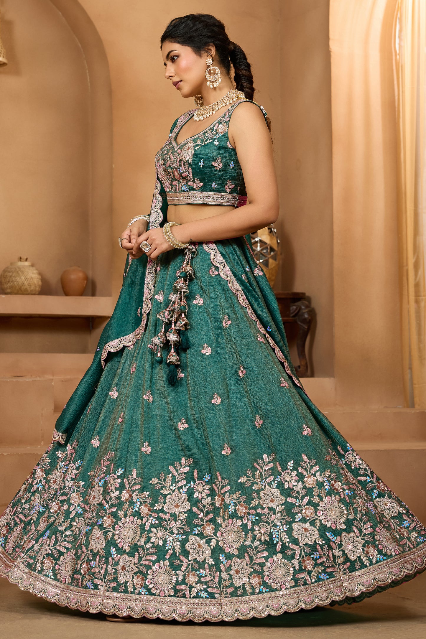 Teal Green Semi-Stitched Embroidered Tissue Lehenga