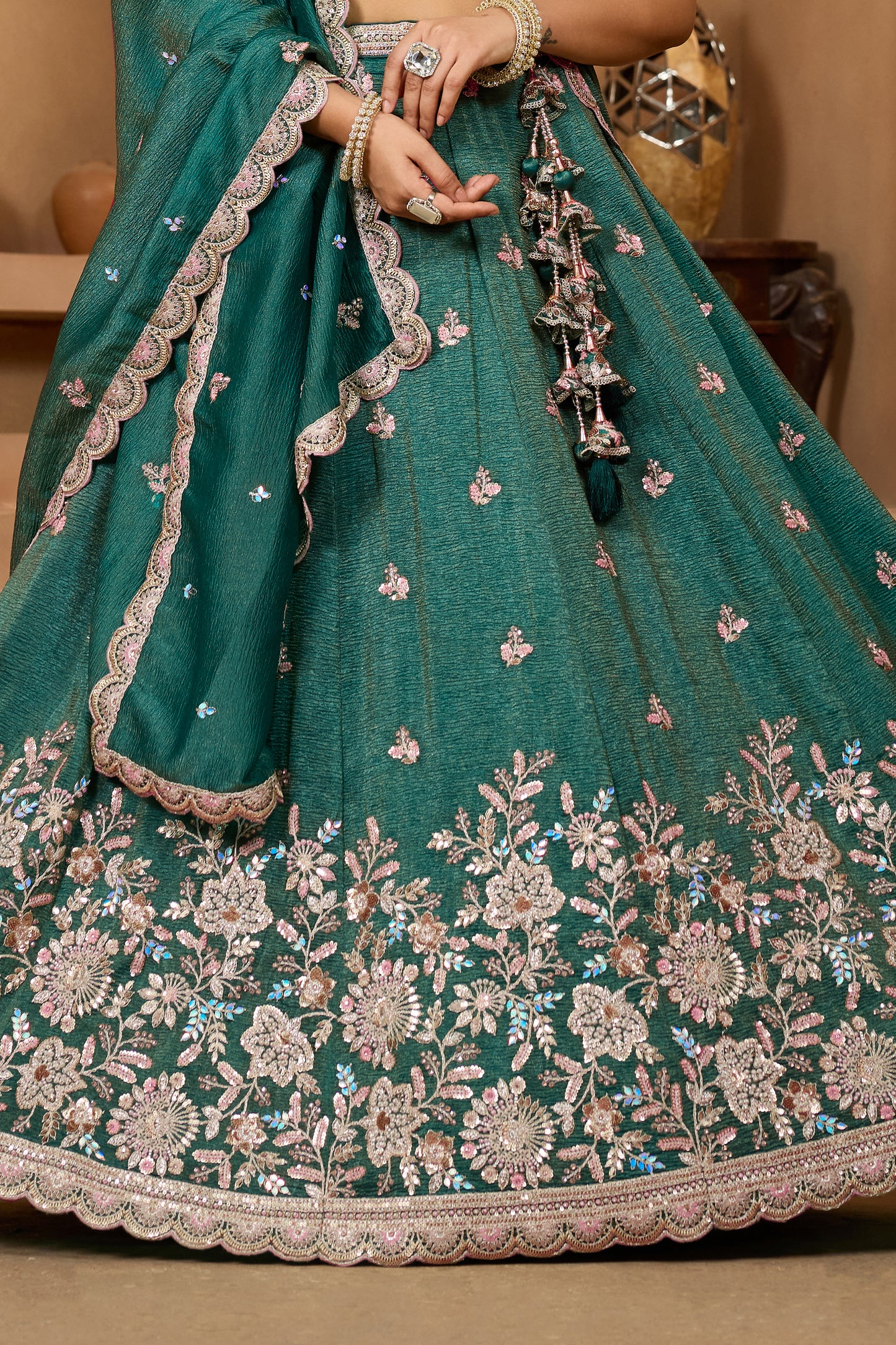 Teal Green Semi-Stitched Embroidered Tissue Lehenga