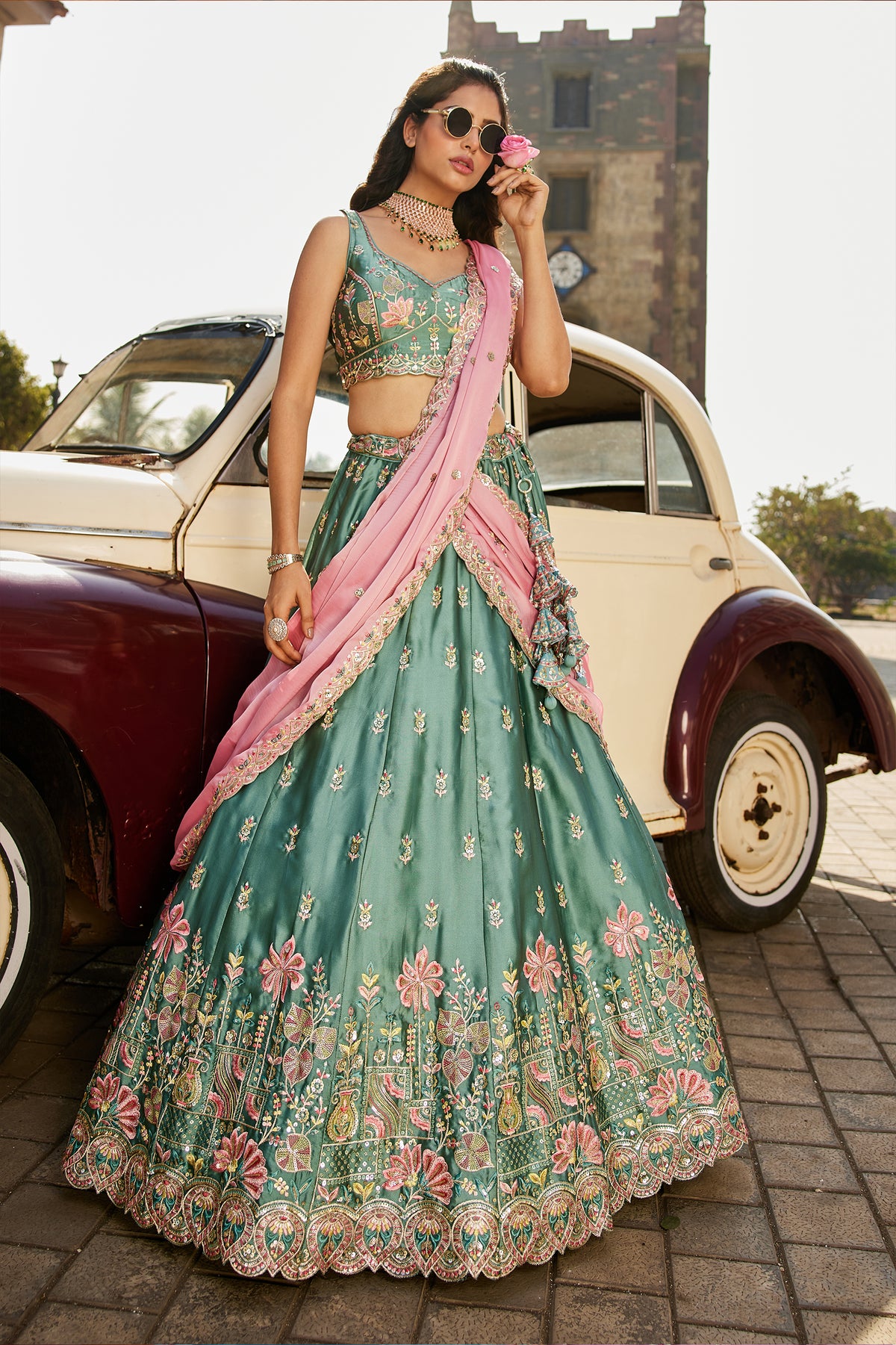 Teal Green Semi Stitched Embroidered Georgette Lehenga-SAR12854_1_SareeButa.com