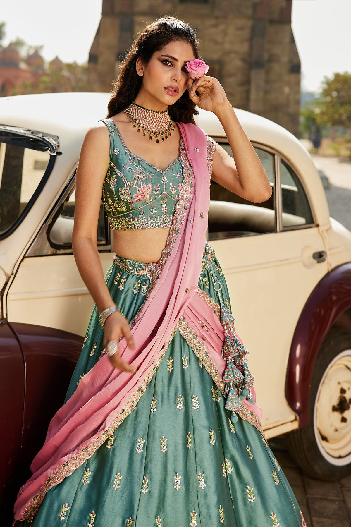 Teal Green Semi Stitched Embroidered Georgette Lehenga-SAR12854_3_SareeButa.com