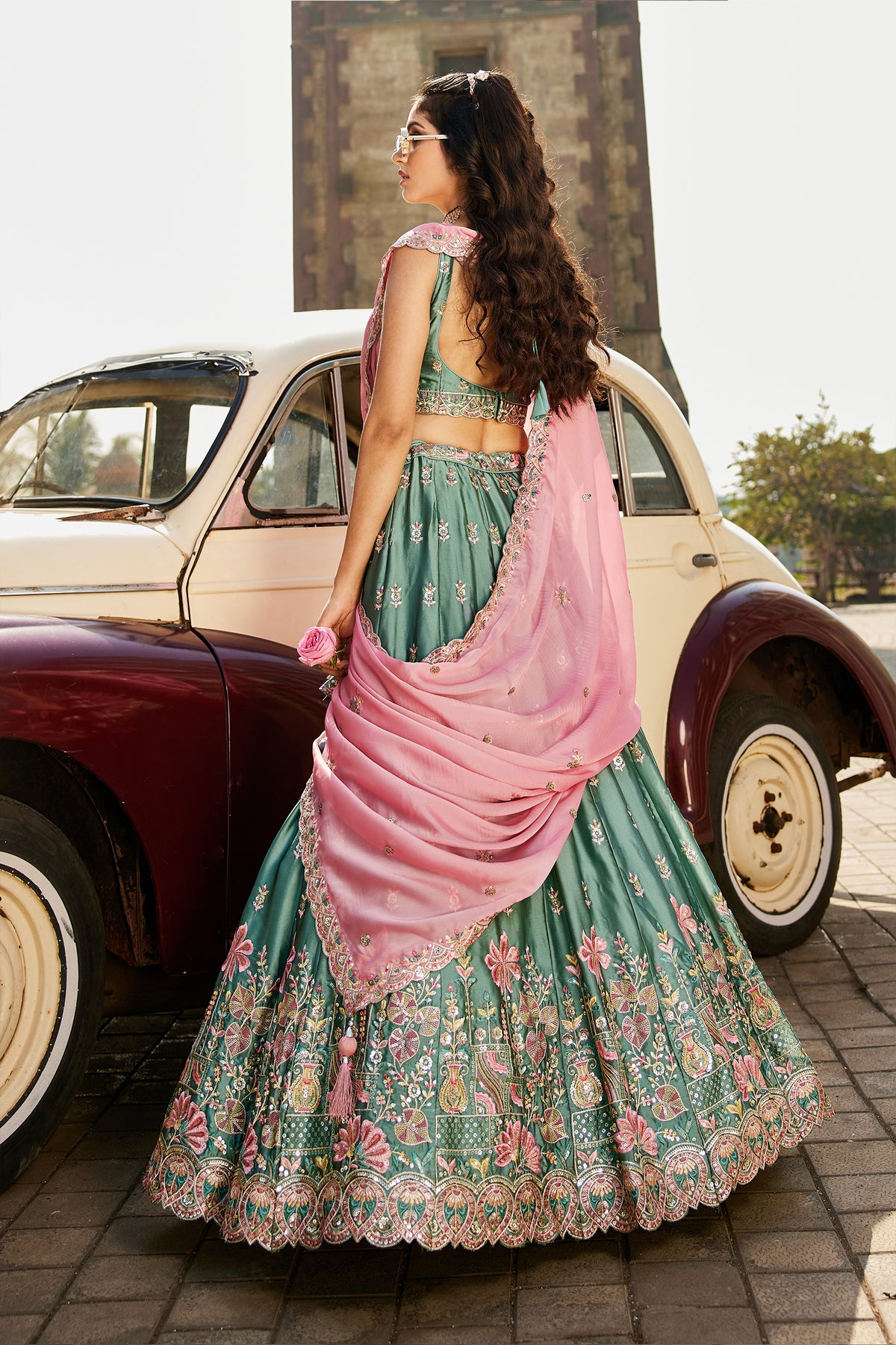 Teal Green Semi Stitched Embroidered Georgette Lehenga-SAR12854_5_SareeButa.com