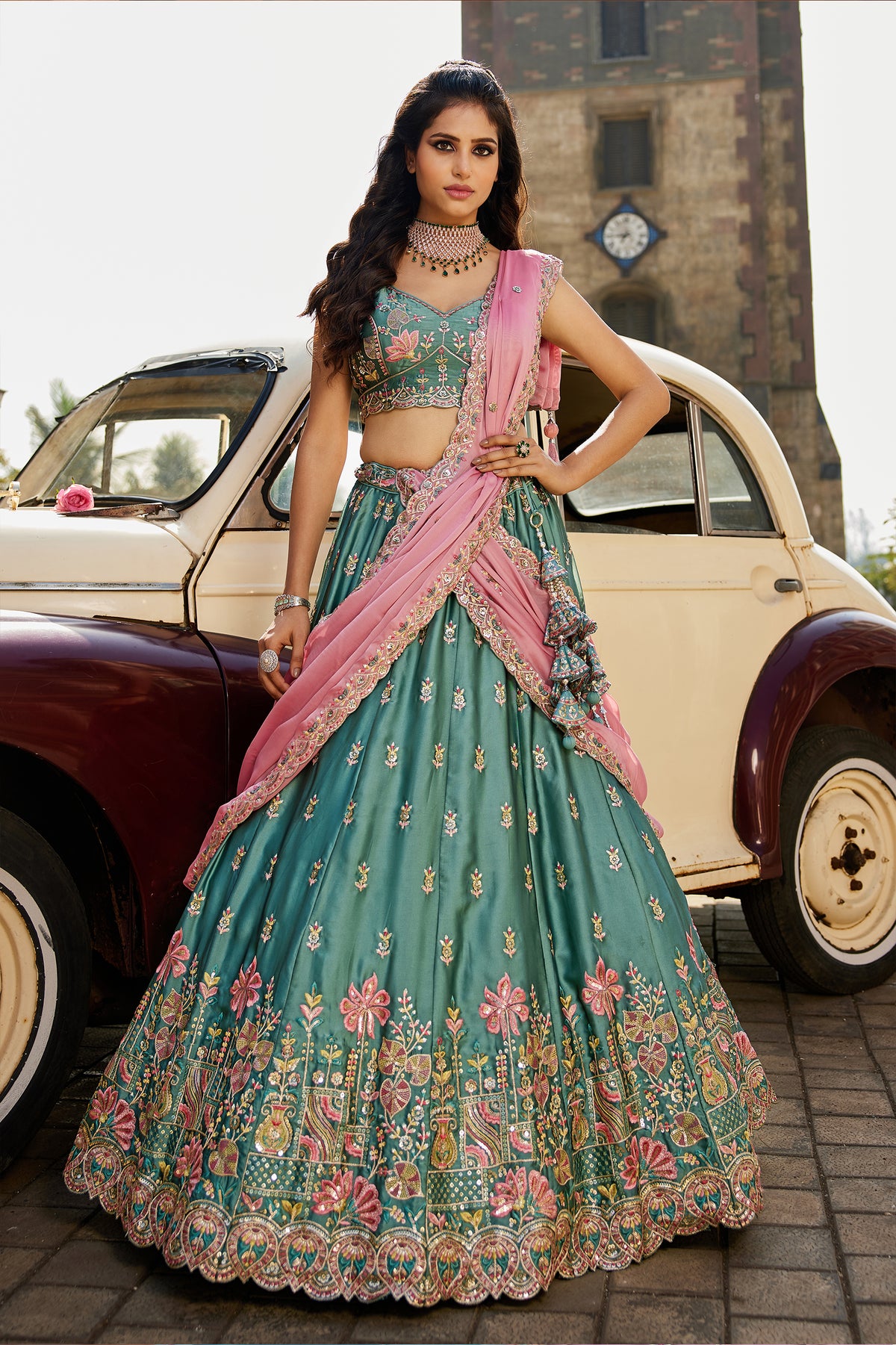 Teal Green Semi Stitched Embroidered Georgette Lehenga-SAR12854_6_SareeButa.com