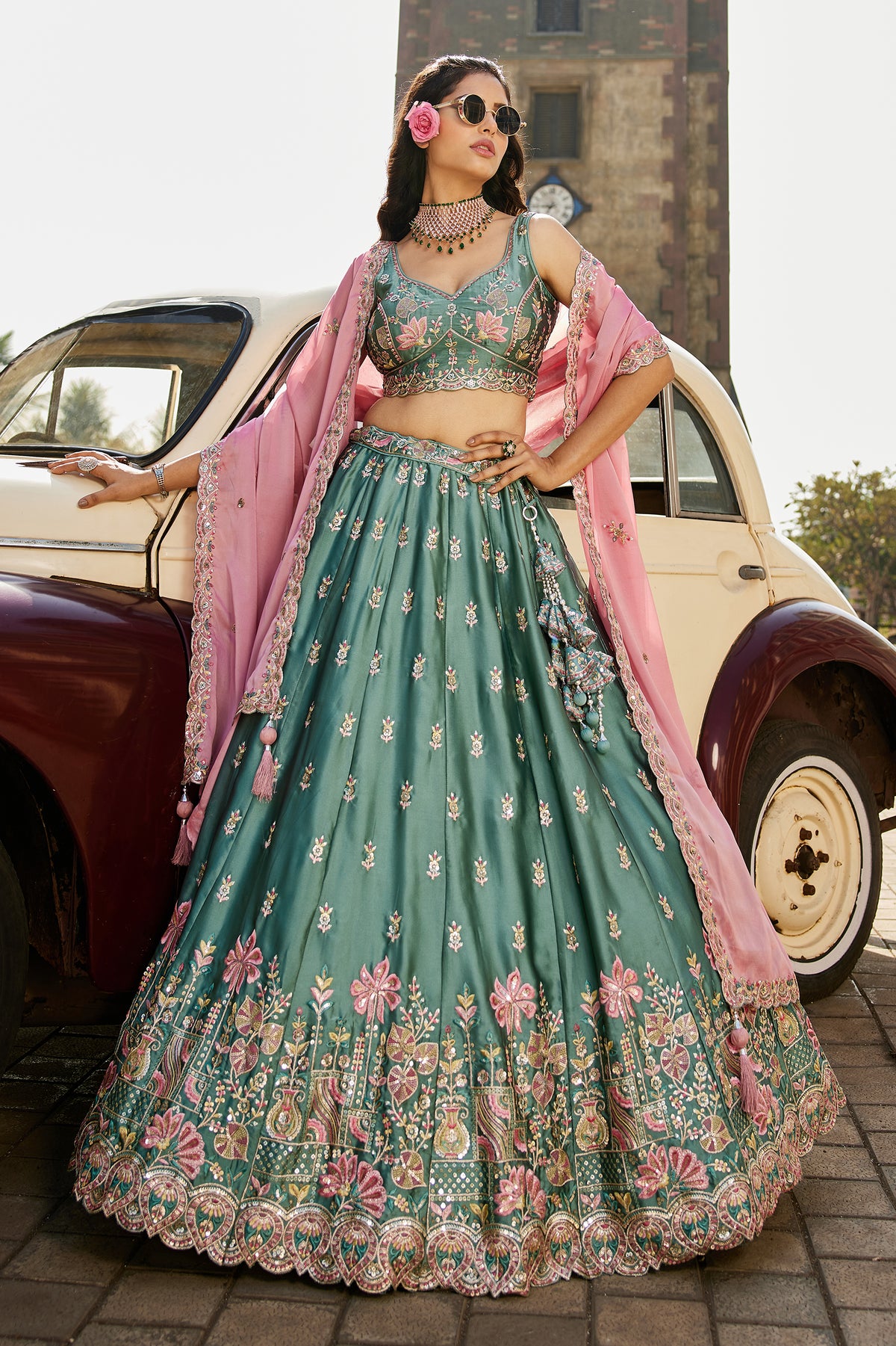 Teal Green Semi Stitched Embroidered Georgette Lehenga-SAR12854_7_SareeButa.com