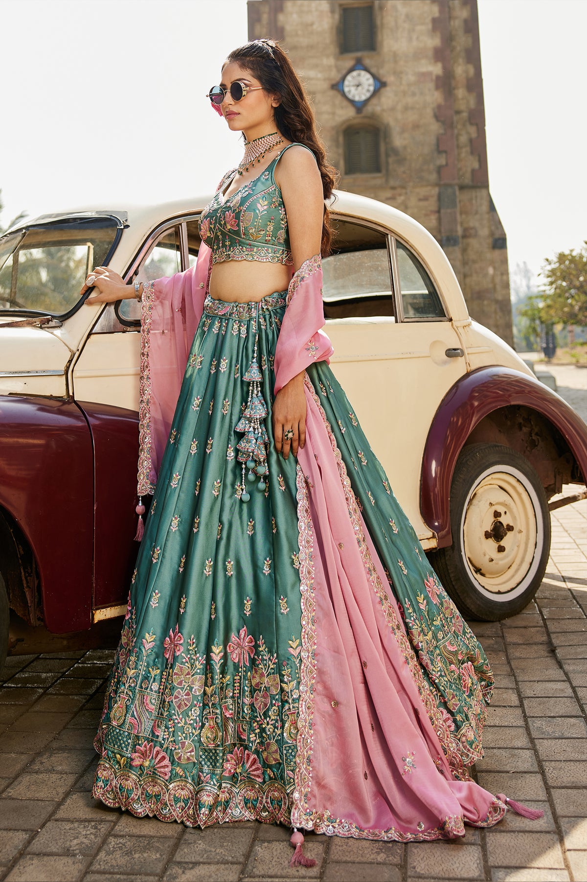 Teal Green Semi Stitched Embroidered Georgette Lehenga-SAR12854_8_SareeButa.com